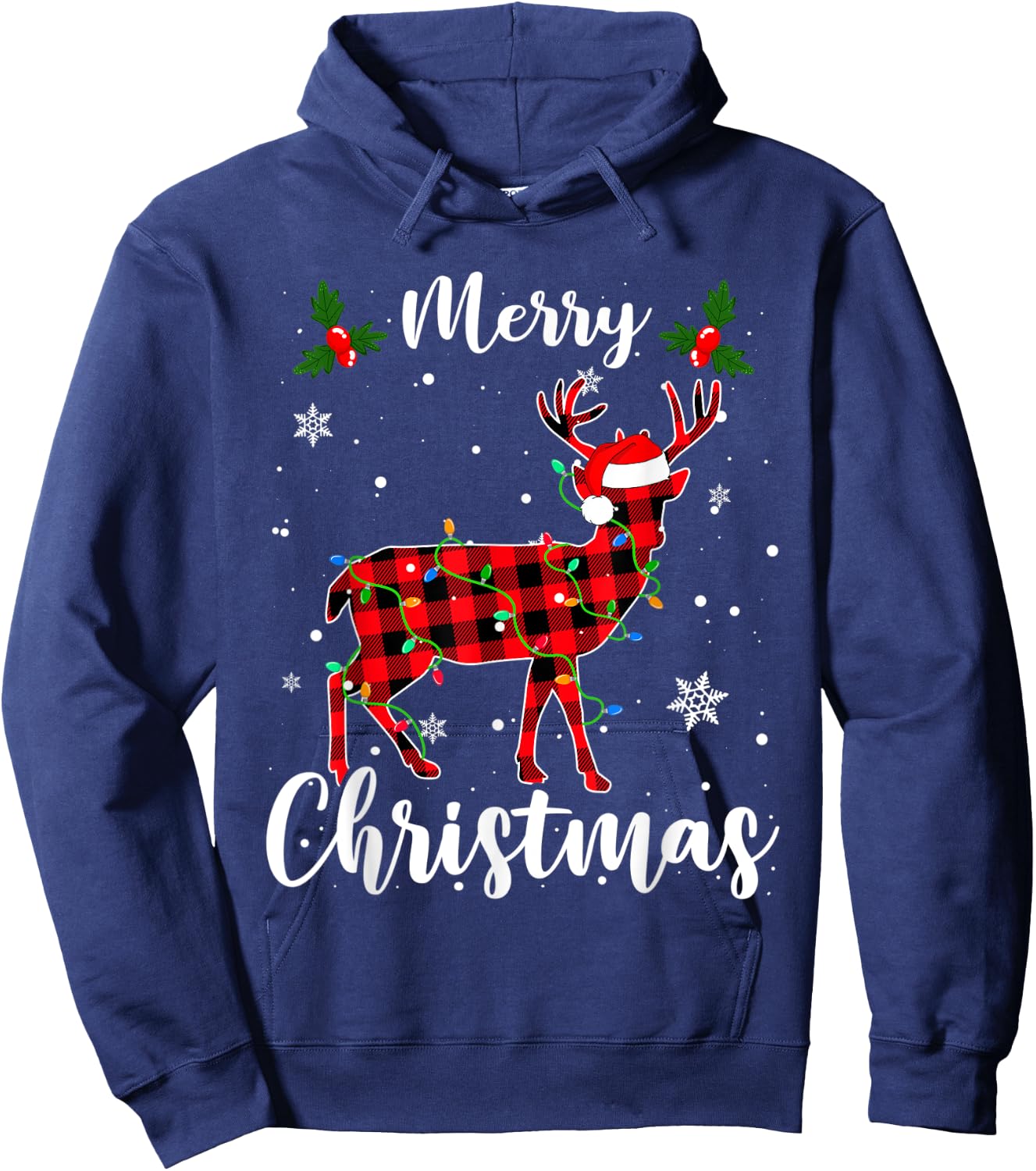 Deer Merry Christmas Animals Buffalo Red Plaid Hoodie - Hoodie | Navy