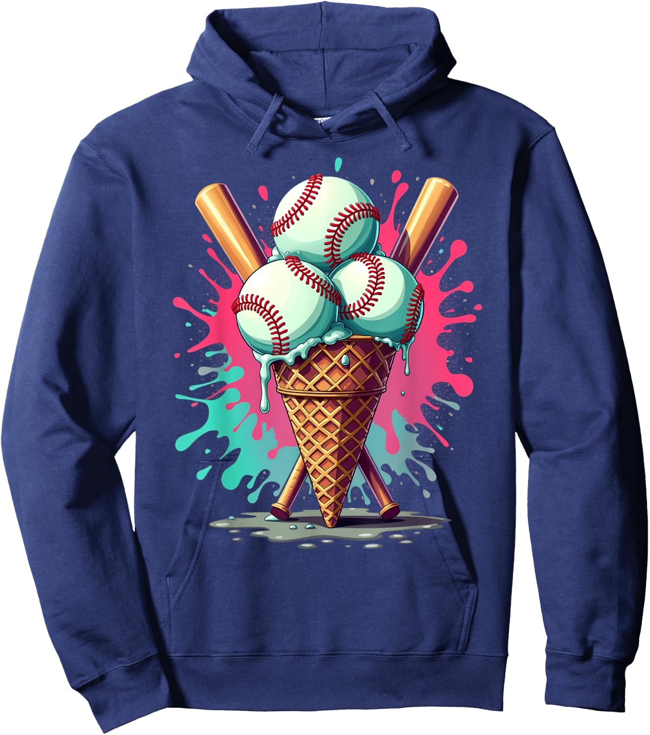 Baseball Ice Cream Watercolor Sports Lover Ice Cream Cone Hoodie - Hoodie | Navy