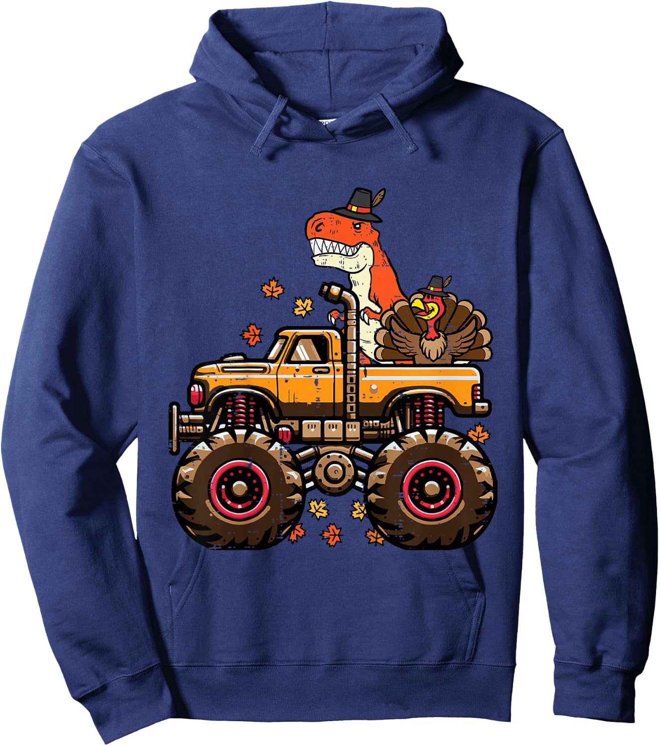 Kids Thanksgiving Dino Monster Truck Trex Fall Boys Kids Toddler Hoodie - Hoodie | Navy