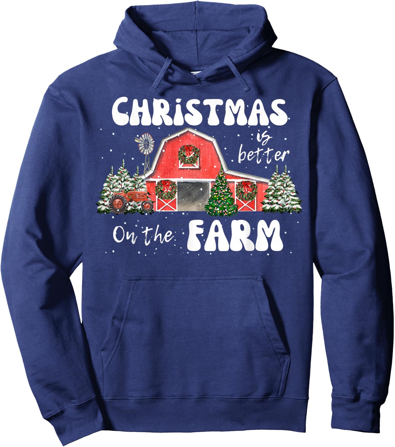 Christmas Is Better On The Farm- Vintage Red Barn & Tractor Hoodie - Hoodie | Navy