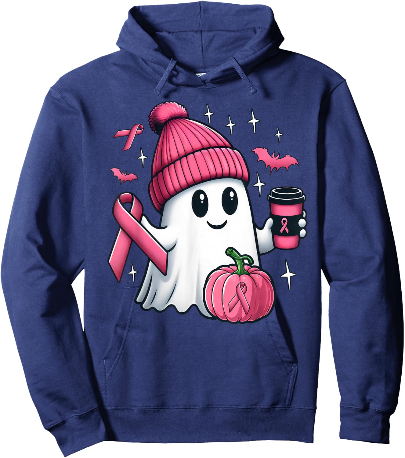 Cute Ghost Drinking Coffee Halloween Breast Cancer Awareness Hoodie - Hoodie | Navy