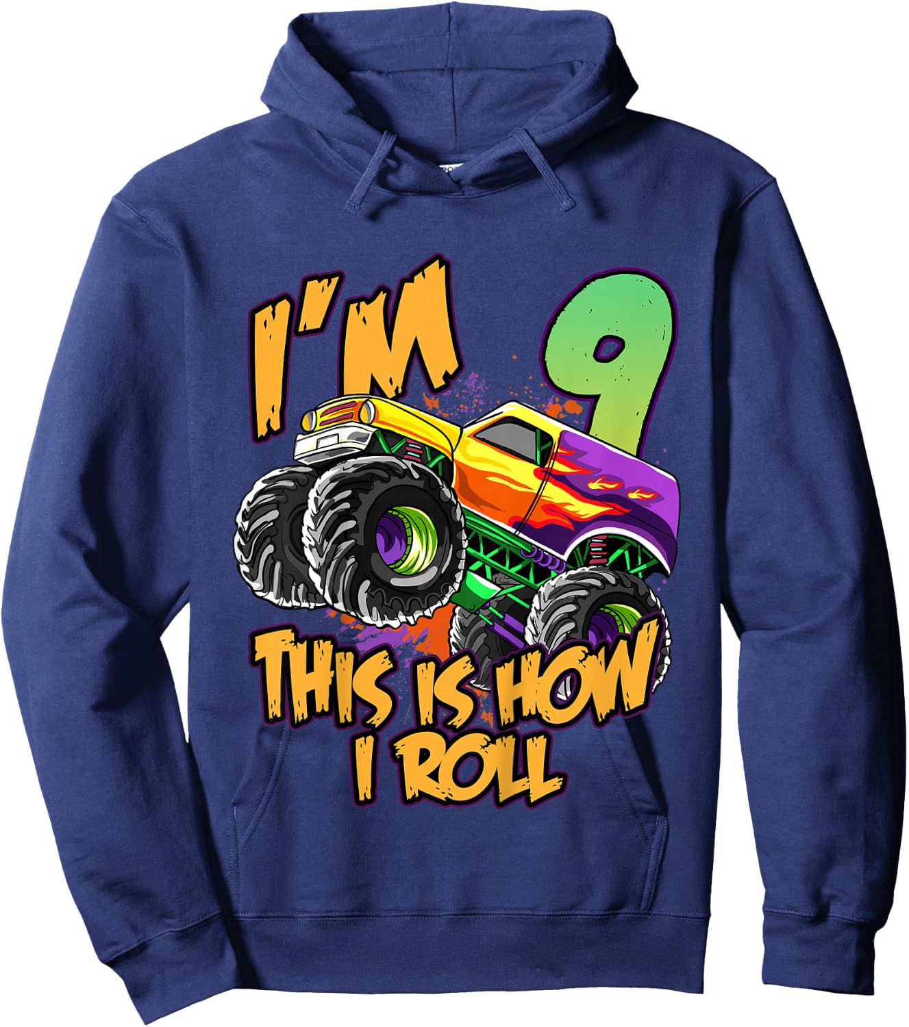 Kids 9th Birthday Boys Monster Truck 9 Year Old Race Car Party Hoodie - Hoodie | Navy