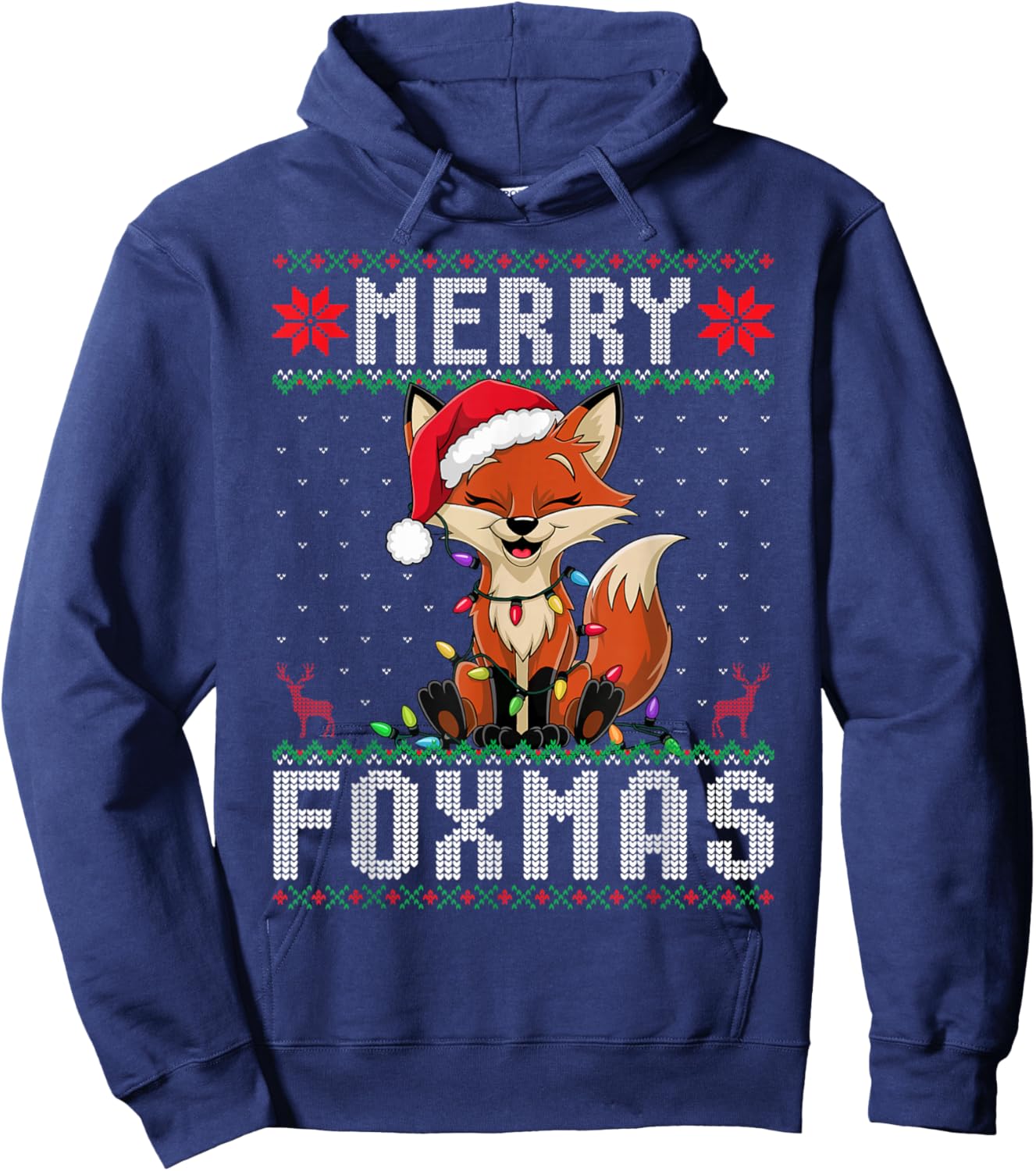 Merry Foxmas Fox Tree Lights Santa Hat Xmas Ugly Christmas Hoodie - Hoodie | Navy