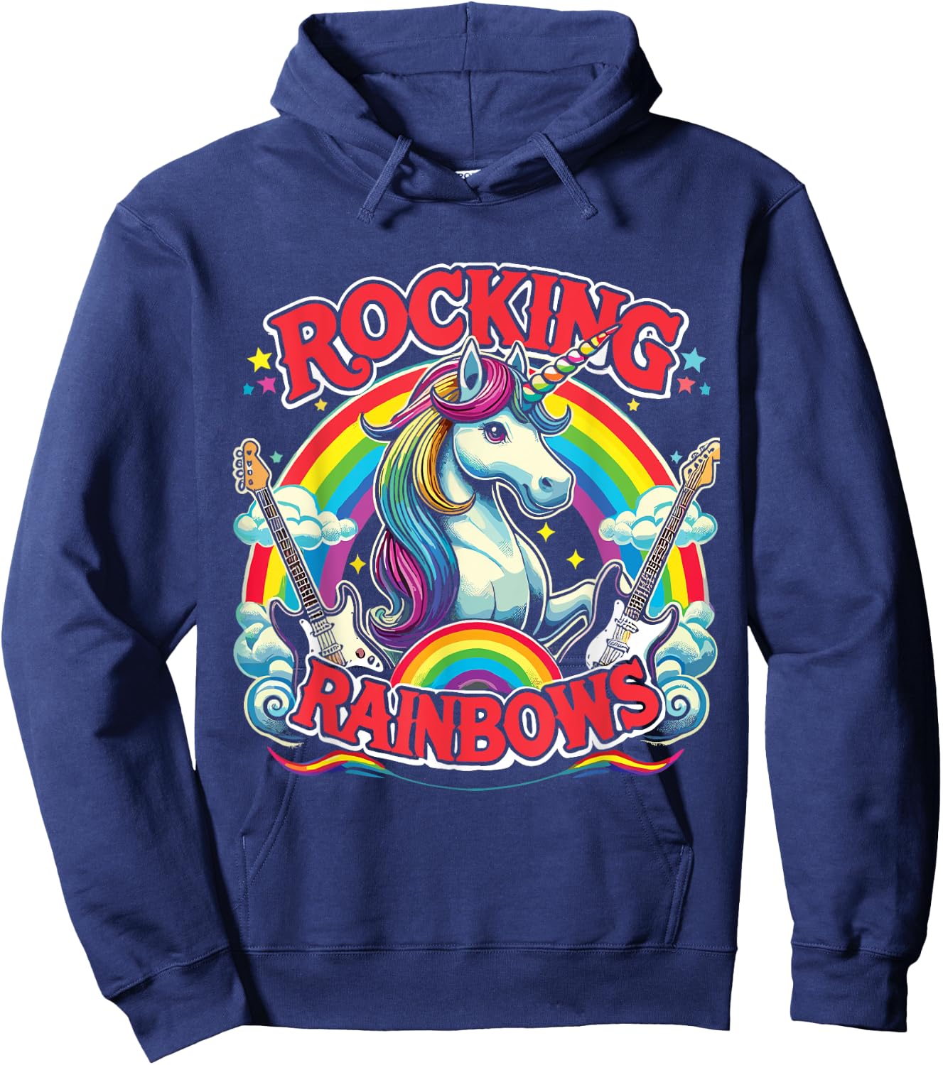 Rock Star Rock And Roll Rocking Rainbows Unicorn Guitar Hoodie - Hoodie | Navy