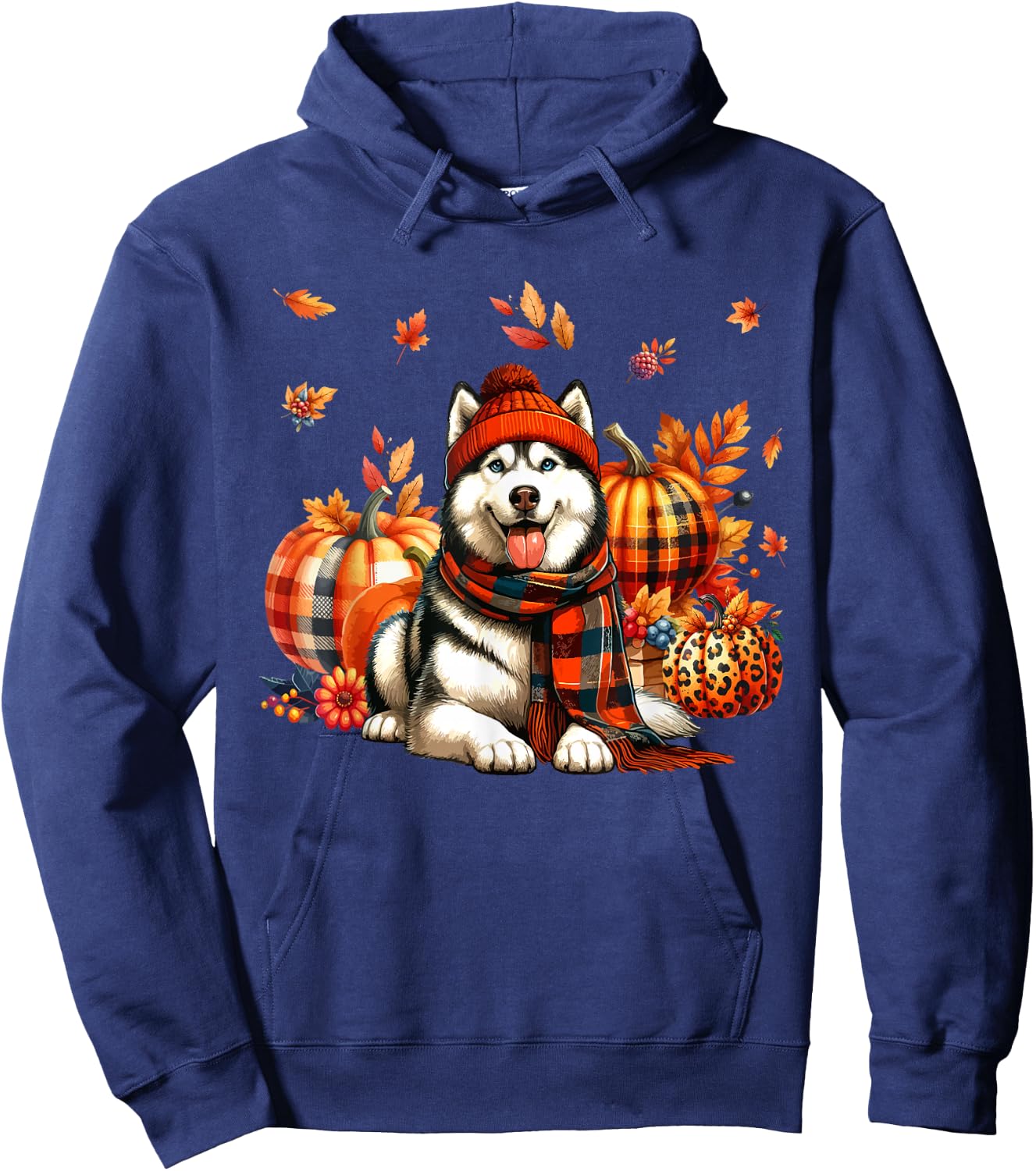 Husky Thanksgiving Leopard Pumpkins Fall Leaves Lover Hoodie - Hoodie | Navy