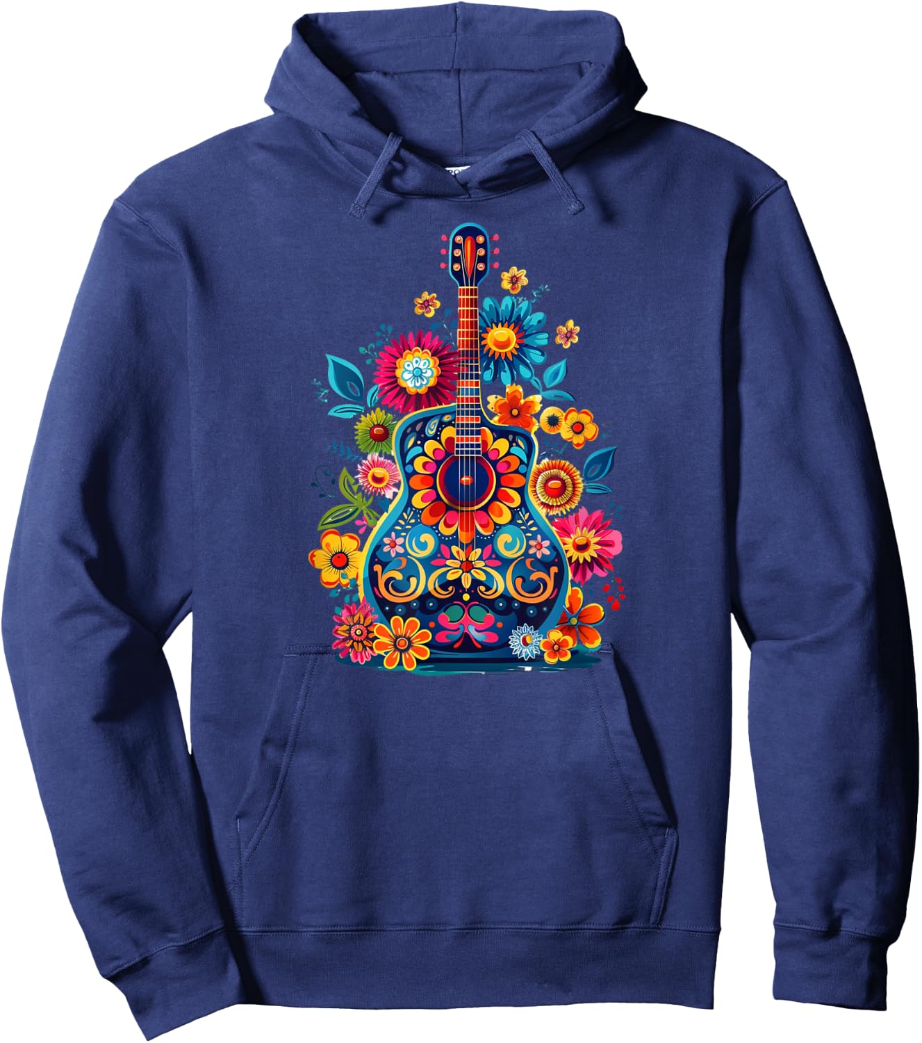 Cute Hippie Acoustic Flower Guitar - Floral Hippie Music Fan Hoodie - Hoodie | Navy