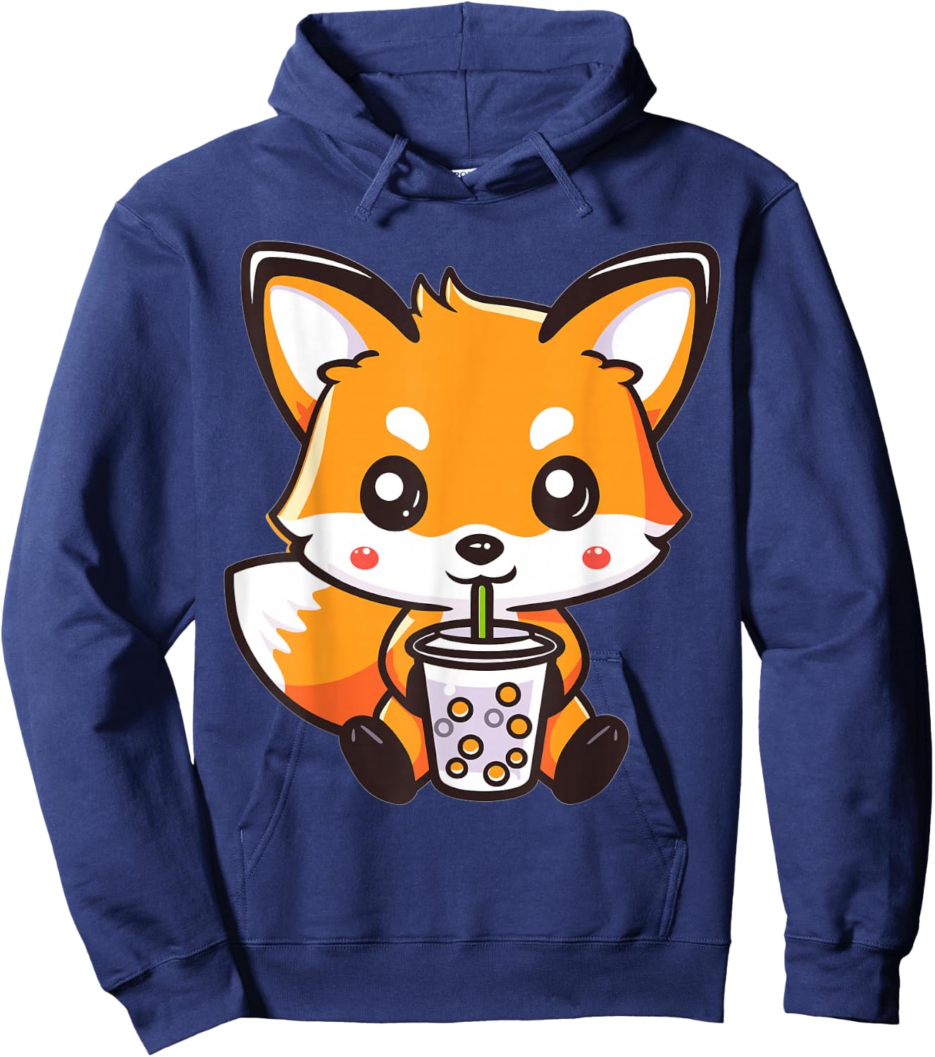 Kawaii Fox Drinking Bubble Tea Boba Anime Cute Graphic Hoodie - Hoodie | Navy