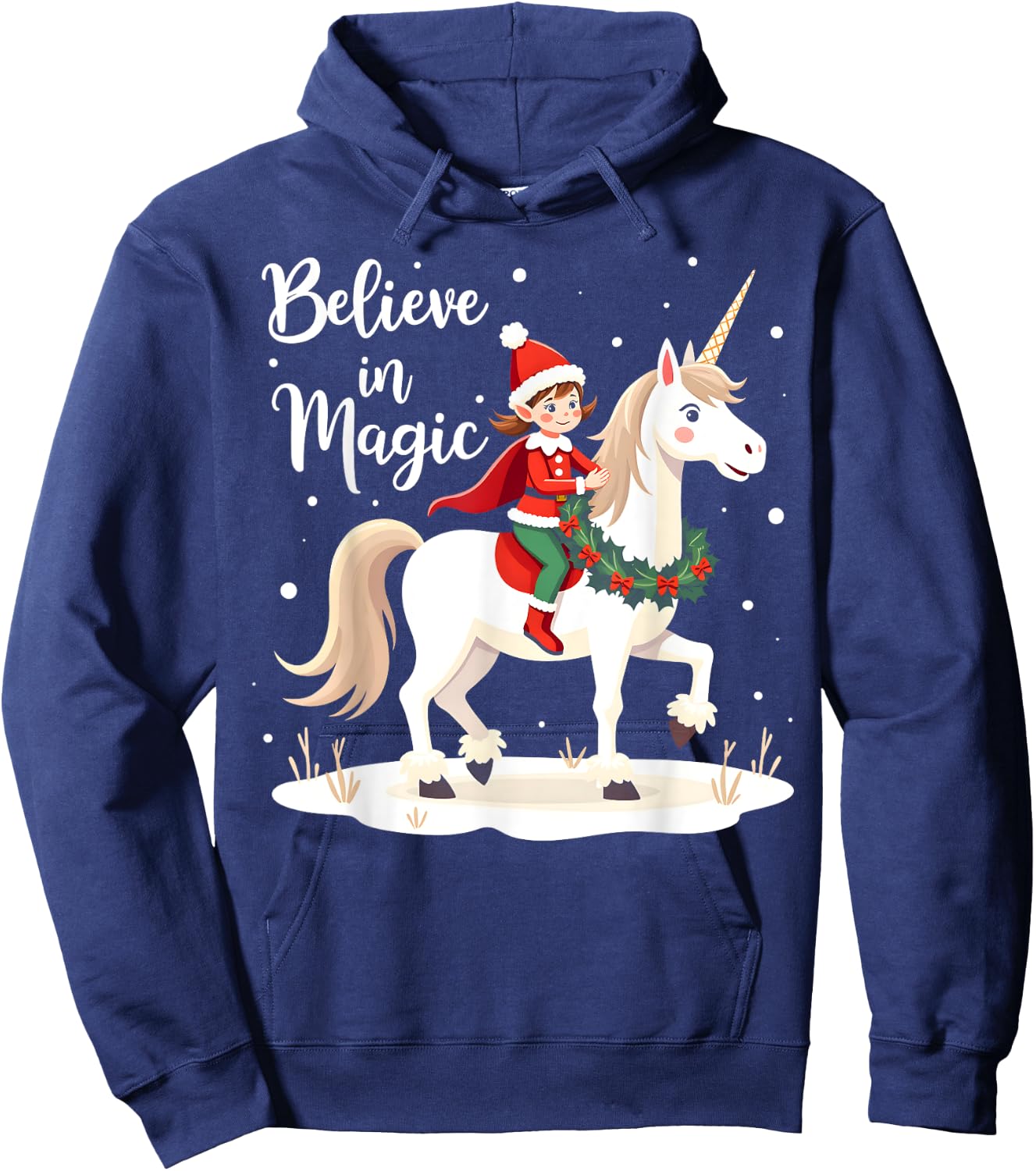 Believe in Magic Christmas Elf Riding Festive Unicorn Hoodie - Hoodie | Navy