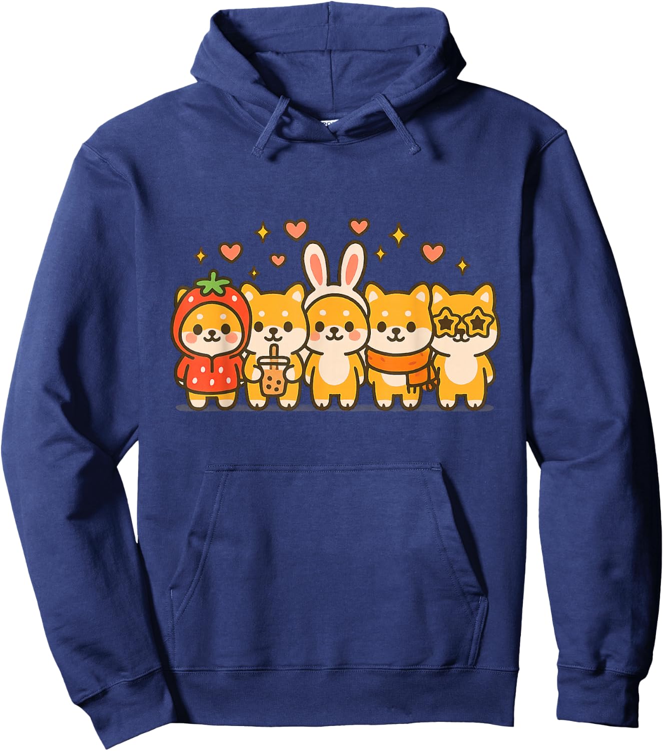 Kawaii Shiba Inu Squad Cute Strawberry Bunny Boba Dog Art Hoodie - Hoodie | Navy