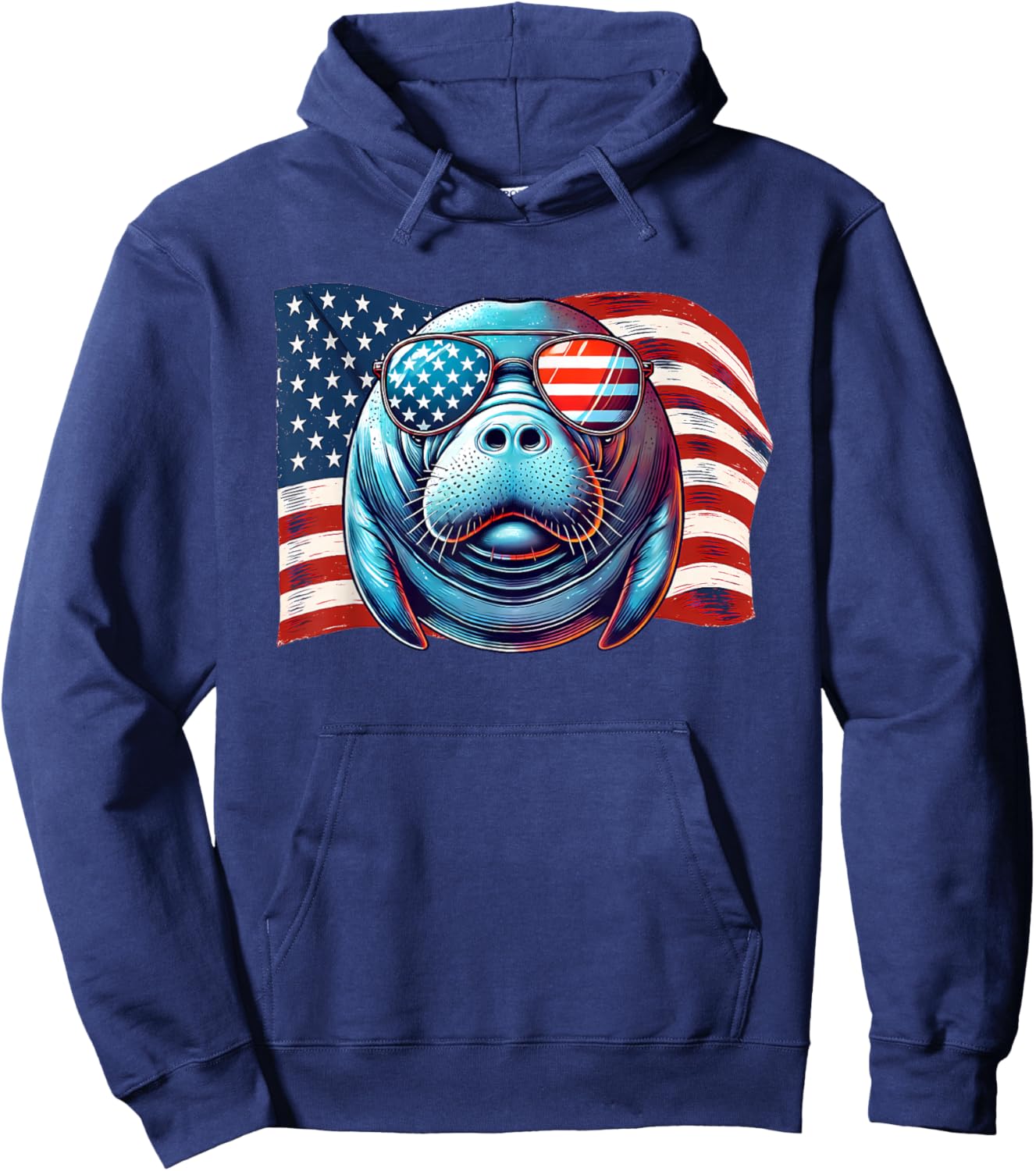 Manatee Sea Animals USA Flag Patriotic Sunglasses Americans Hoodie - Hoodie | Navy