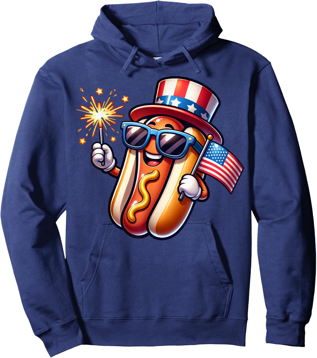 4th of July Sparkler Hotdog Funny Patriotic Flag Hoodie - Hoodie | Navy