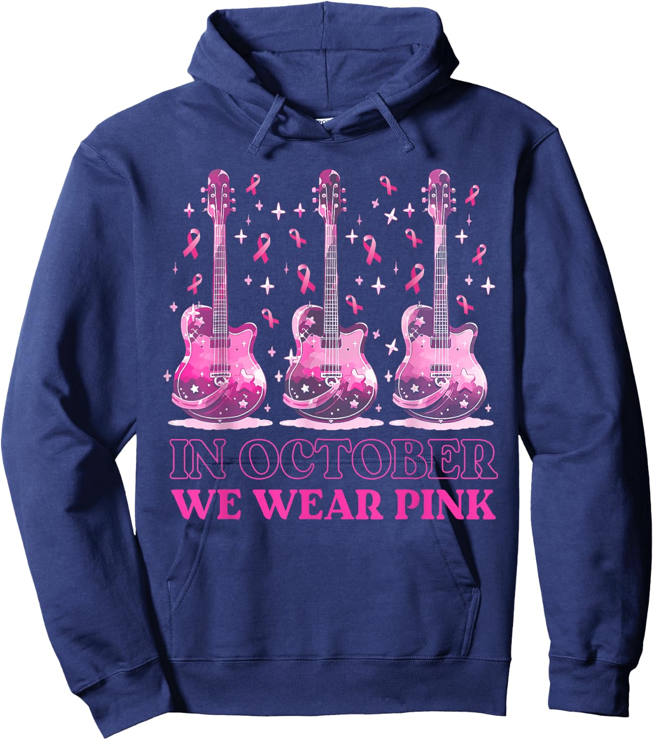 In October We Wear Pink Ribbon Guitar For Breast Cancer Hoodie - Hoodie | Navy