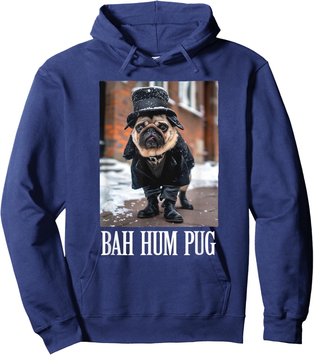 Funny Dog Bah Hum Pug Christmas Pet Holiday Photo Humbug Bug Men Women Girls Kids Hoodie - Hoodie | Navy