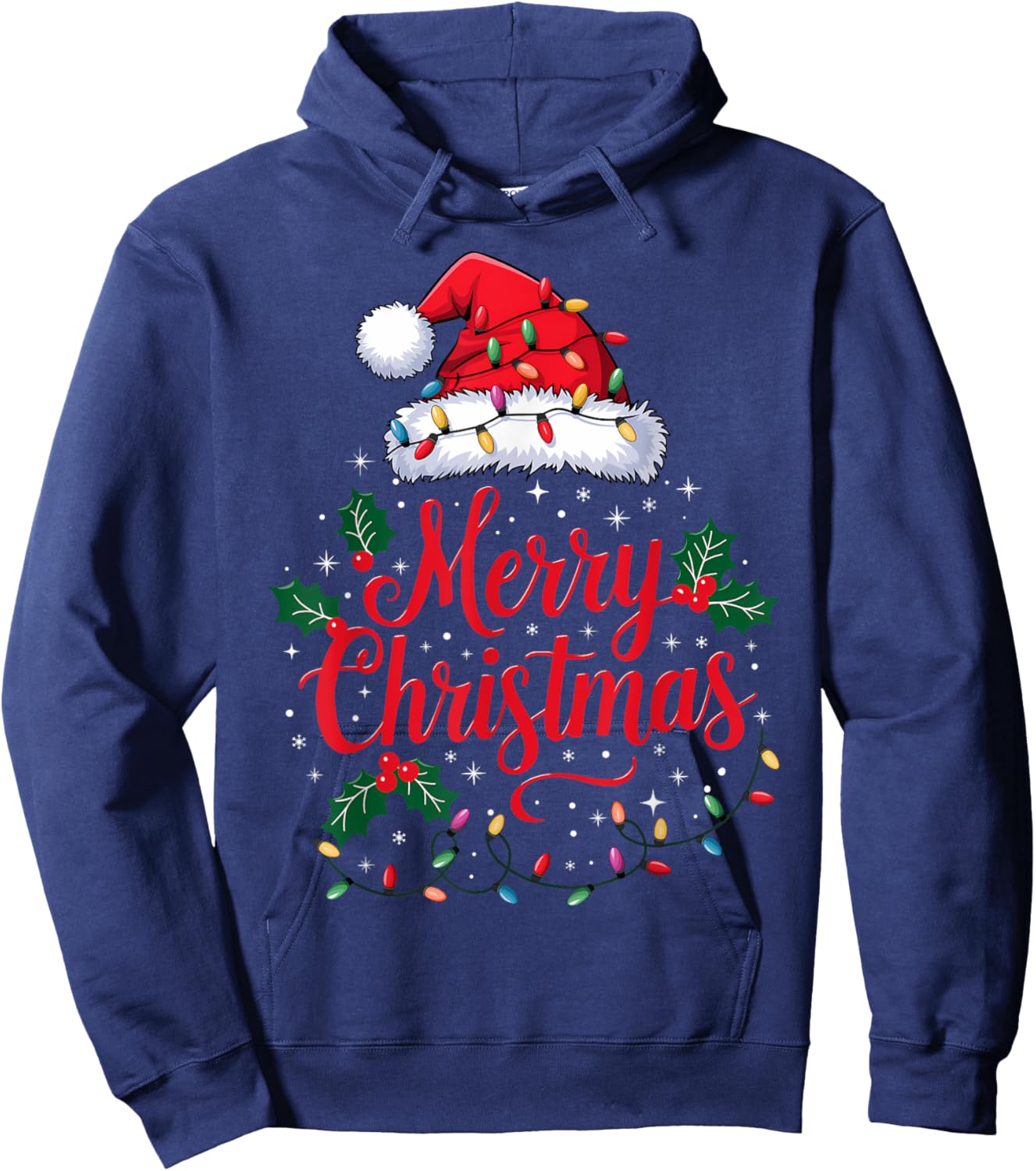Merry Christmas Lights Red Santa Hat Xmas Family Men Women Hoodie - Hoodie | Navy