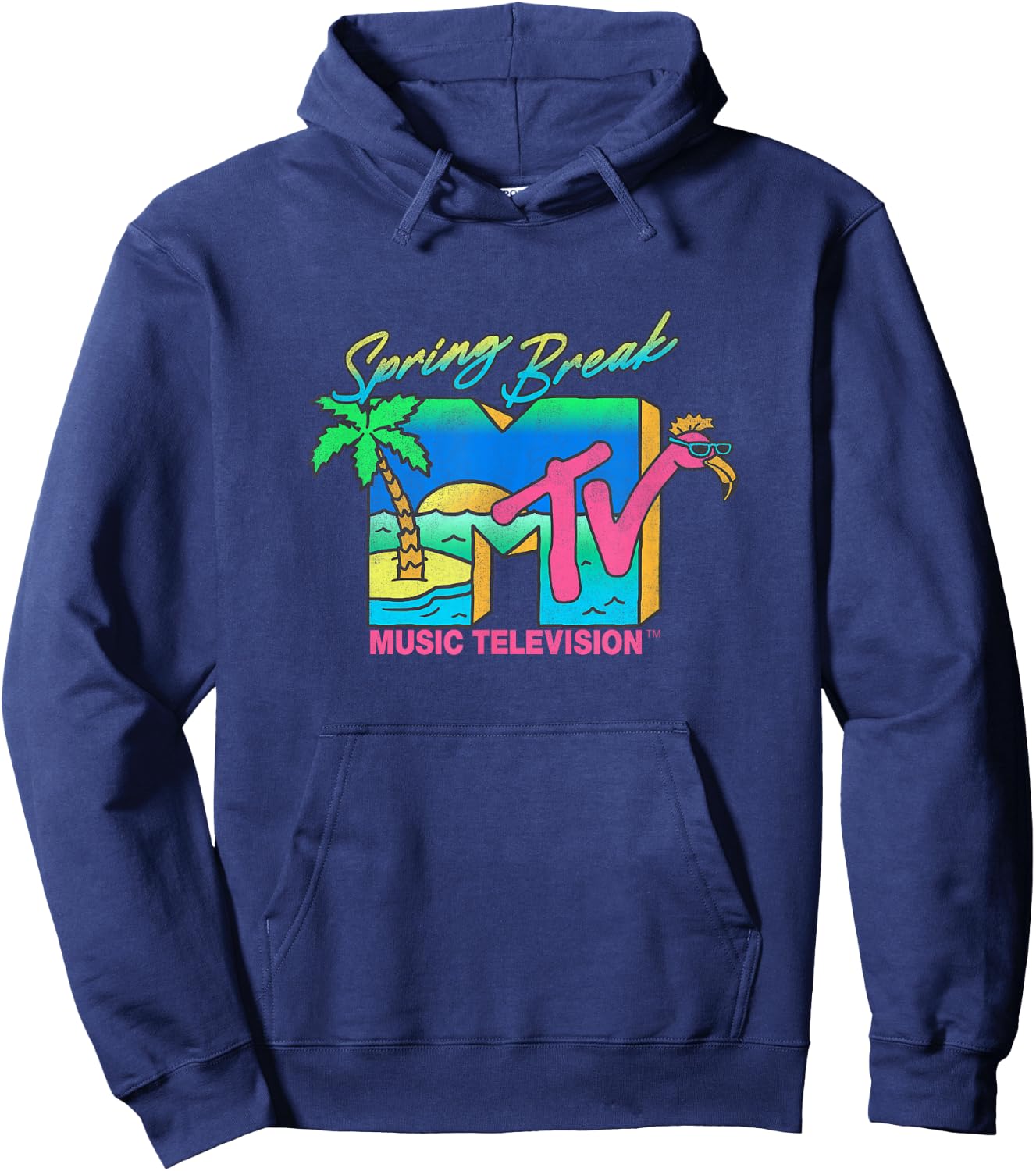 MTV Retro Spring Break Neon Flamingo Party Island Logo Hoodie - Hoodie | Navy