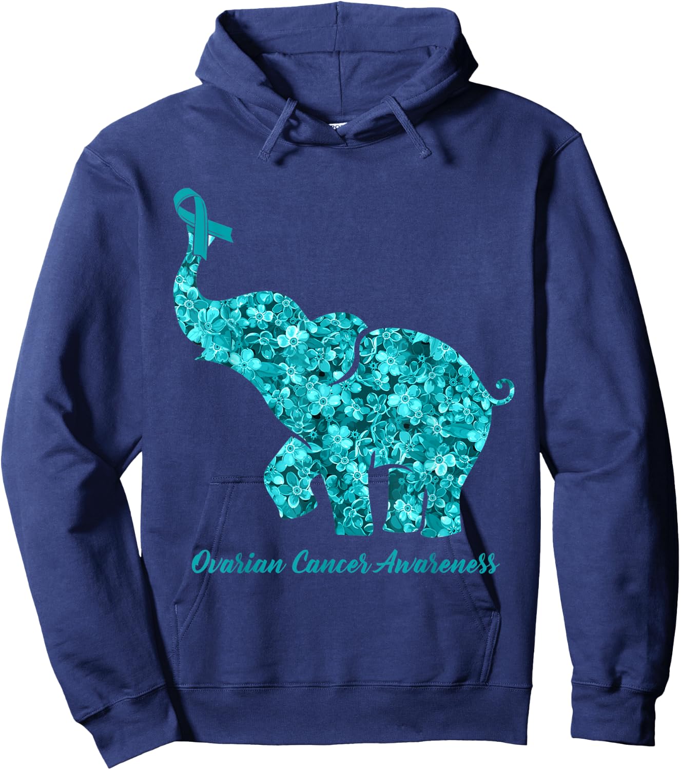 Flower Elephant Teal Ribbon Ovarian Cancer Awareness Hoodie - Hoodie | Navy
