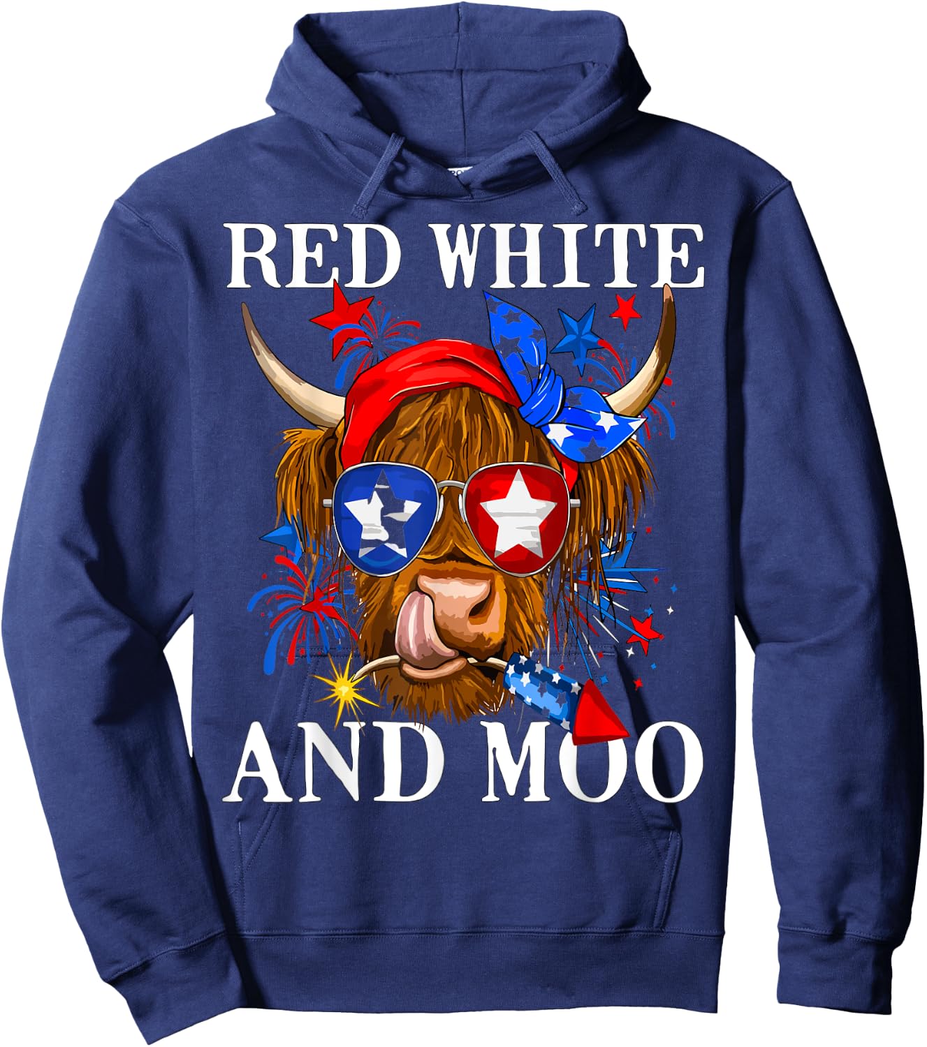 Red White and Moo Patriotic Cow USA Flag Funny 4th of July Hoodie - Hoodie | Navy