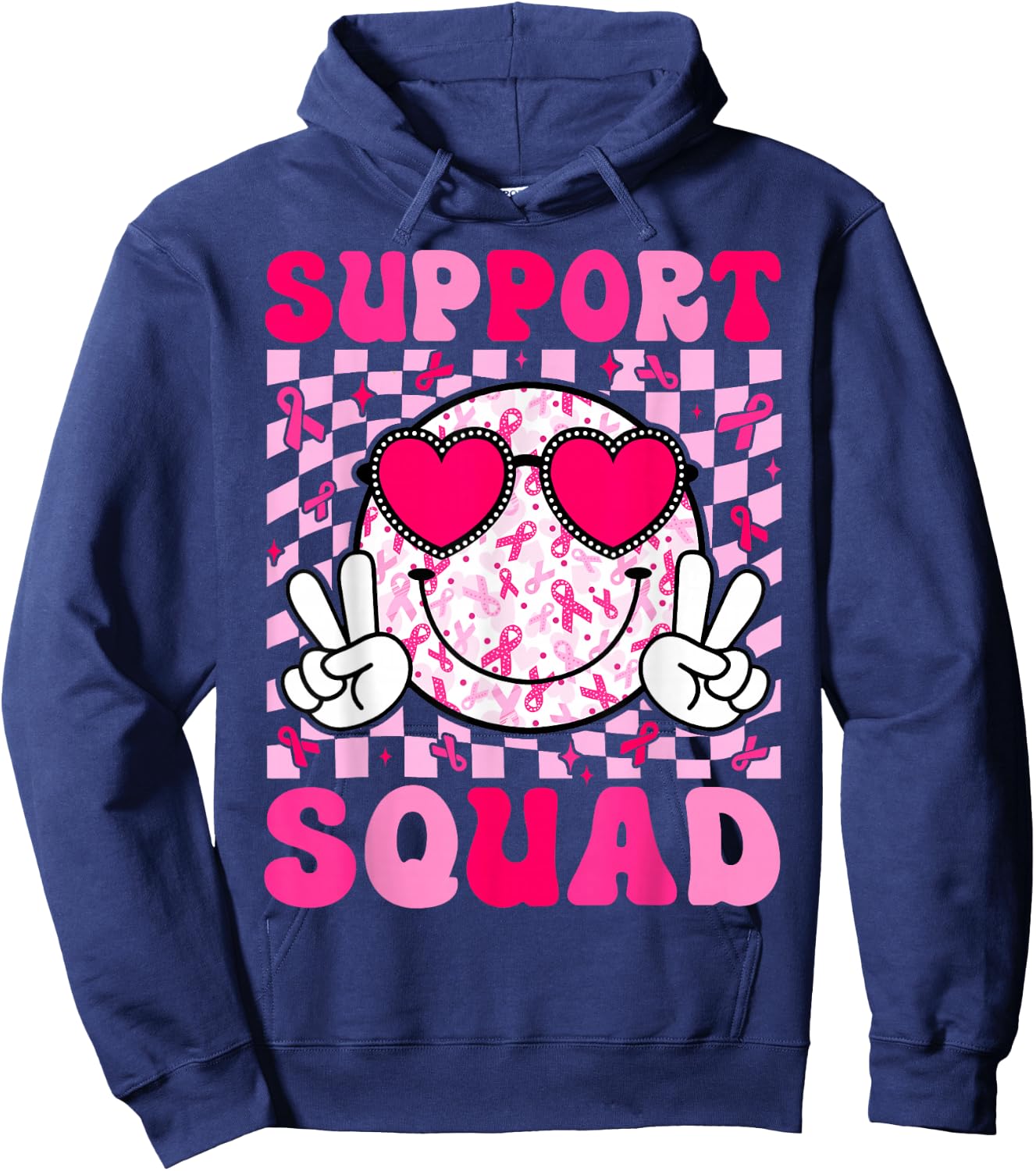 Support Squad Breast Cancer Awareness Pink Ribbon Smile Face Hoodie - Hoodie | Navy