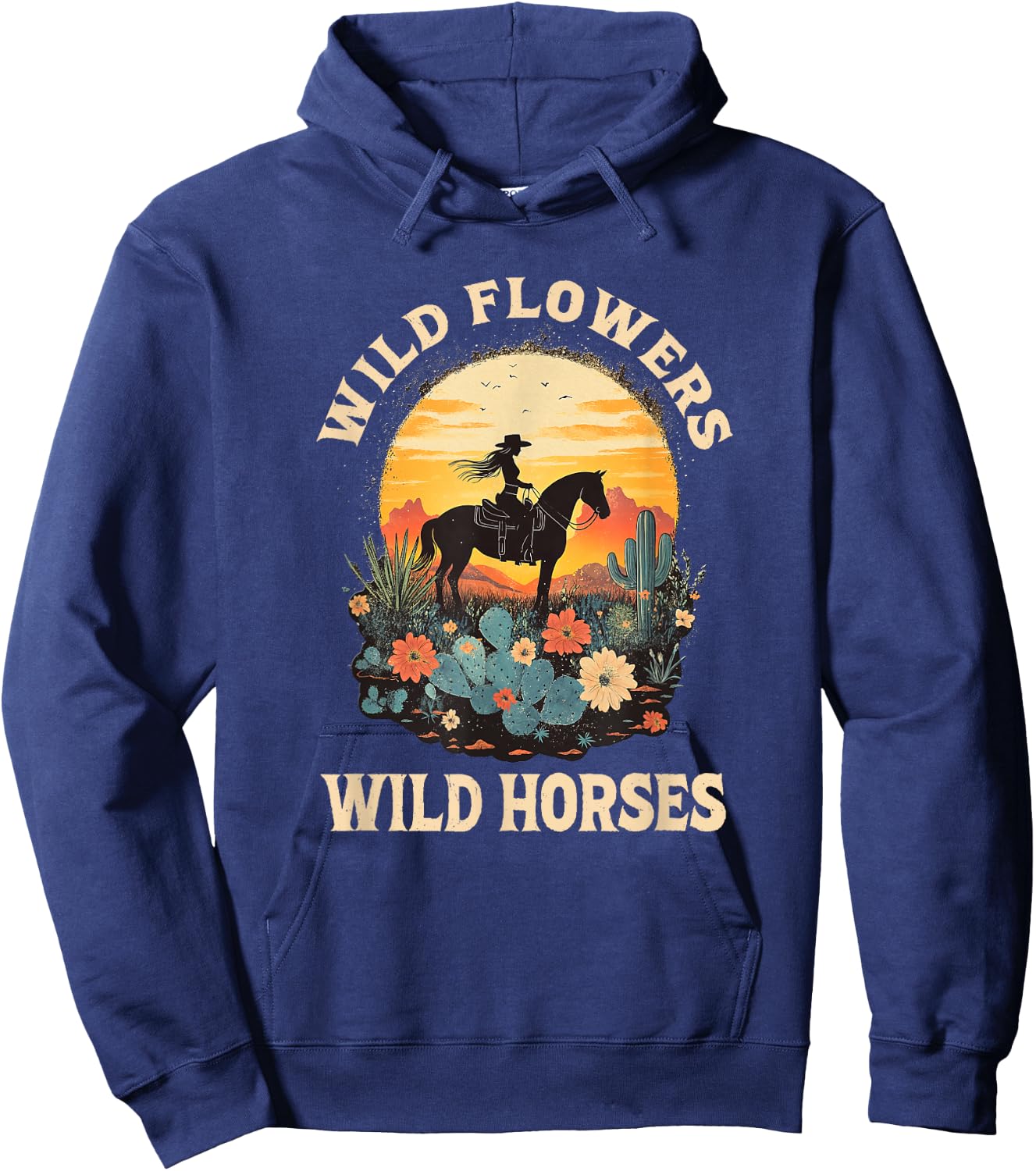 Western Sunset Cowgirl Riding Horse Wild Flowers Wild Horses Hoodie - Hoodie | Navy