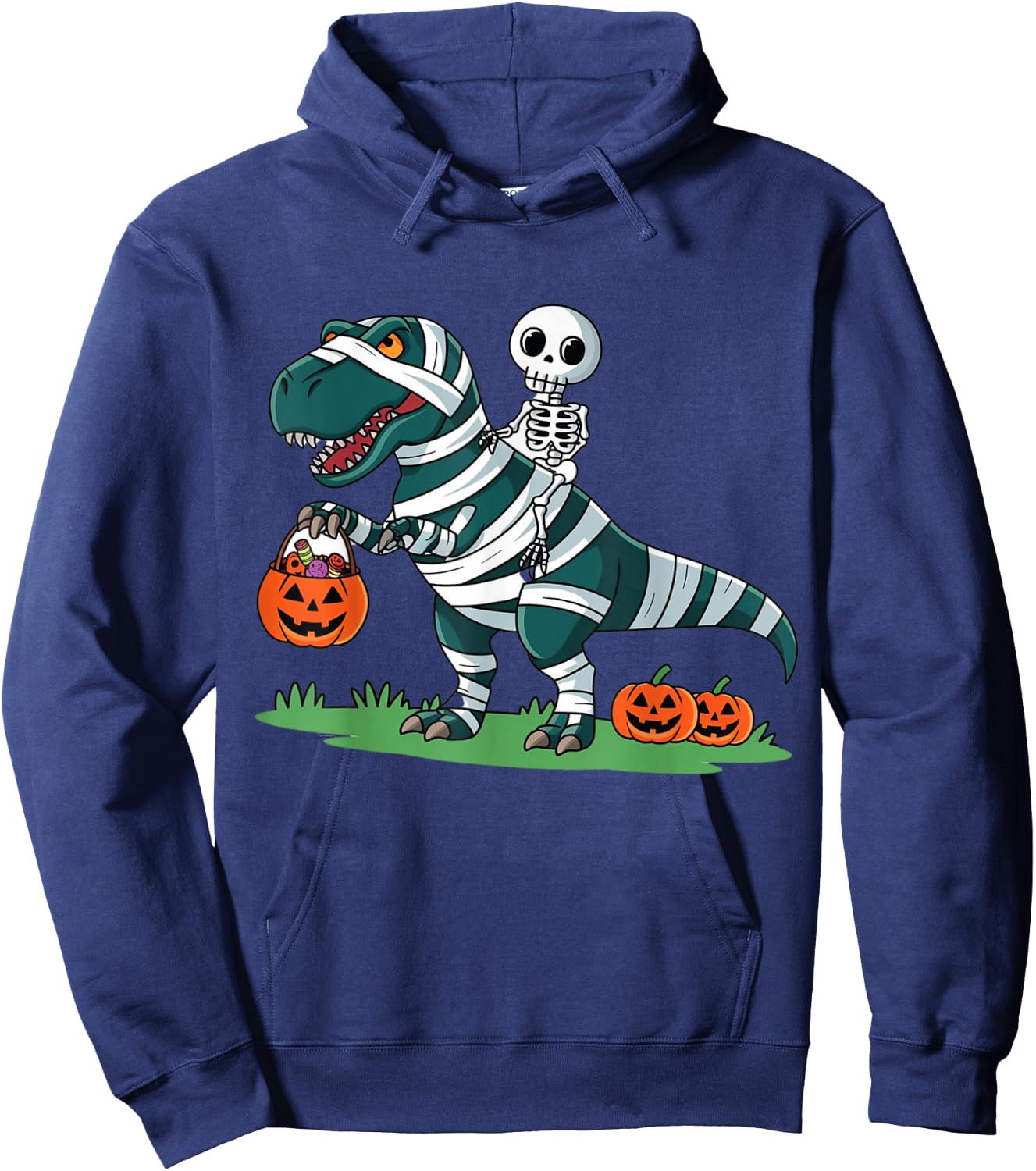 Skeleton Riding Mummy Dinosaur T rex Halloween Funny Pumpkin Hoodie - Hoodie | Navy