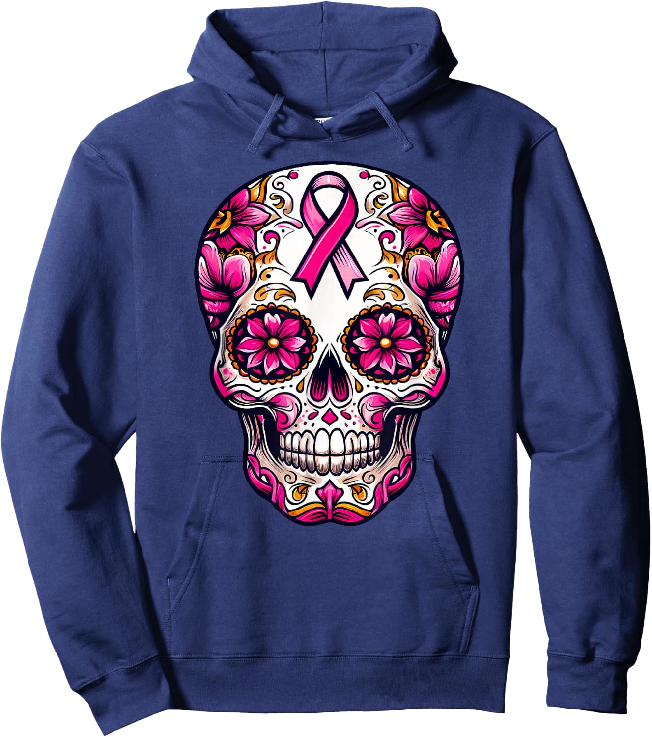 Sugar Skull Pink Ribbon Calavera Breast Cancer Awareness Hoodie - Hoodie | Navy