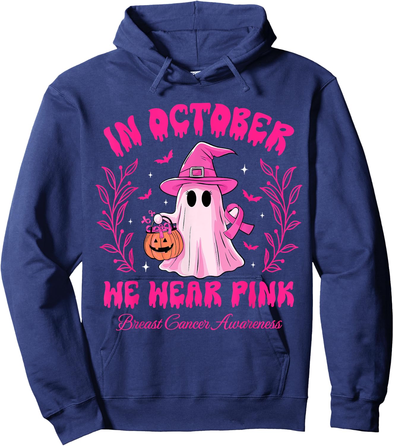 In October We Wear Pink Breast Cancer Awareness Halloween Hoodie - Hoodie | Navy