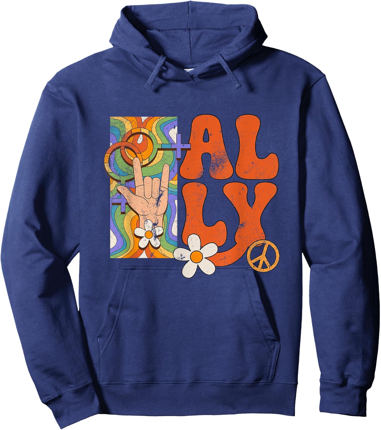 Retro LGBTQ Ally Pride Month Rainbow Proud Ally Women Girls Hoodie - Hoodie | Navy