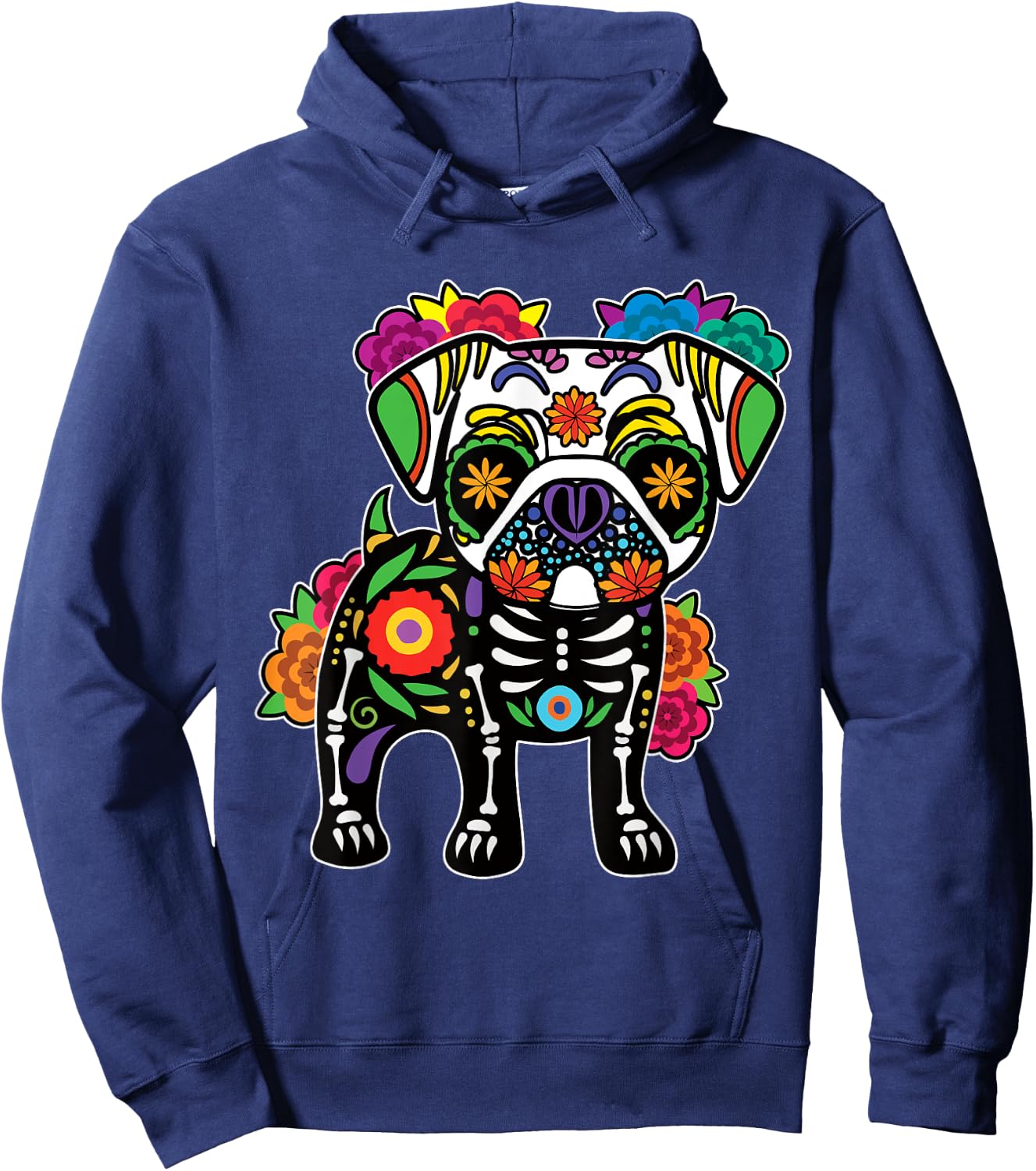 Dog Pug Floral Skeleton Day of Dead Dia De Los Muertos Hoodie - Hoodie | Navy