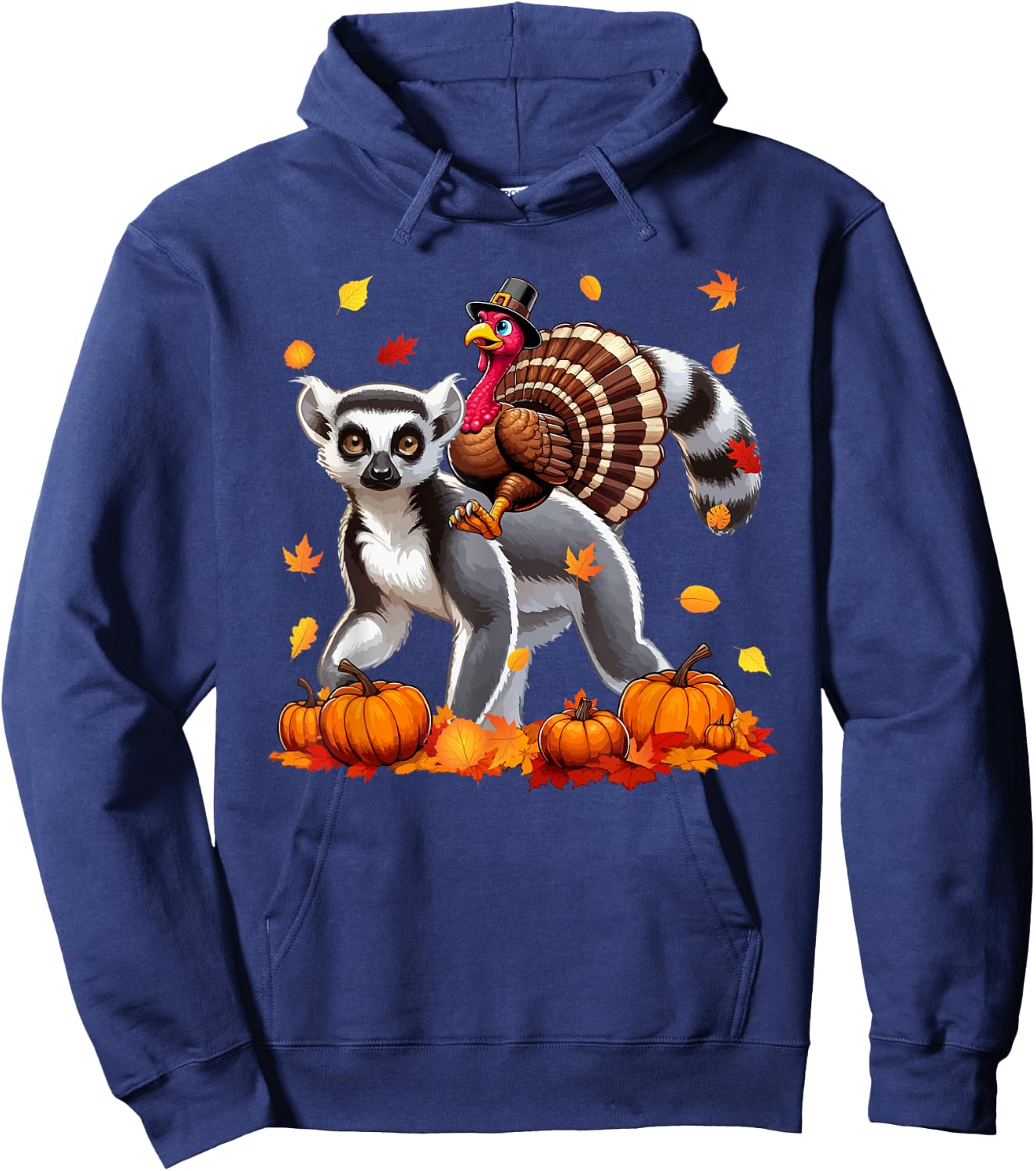 Turkey Riding Lemur Thanksgiving Fall Leaves Pumpkins Hoodie - Hoodie | Navy