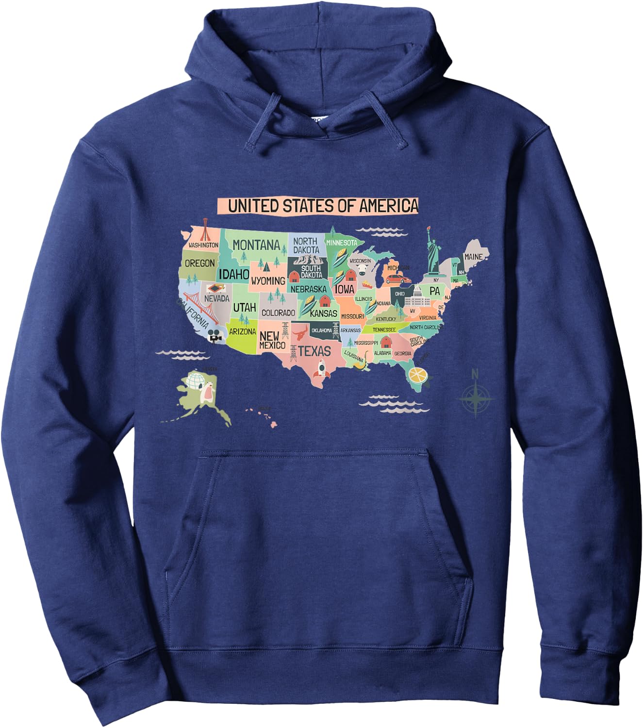 United States America Educational USA Wonders & States Map Hoodie - Hoodie | Navy