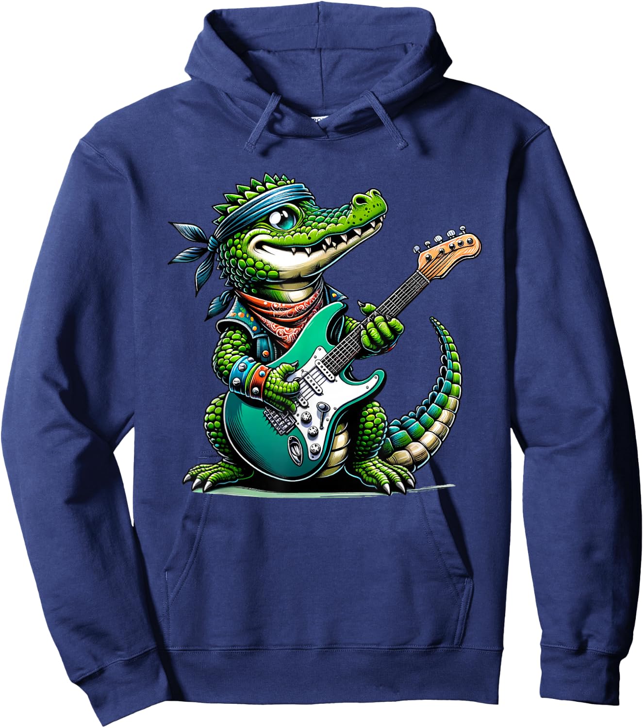 Crocodile Rock Star: Playful Guitar-Playing Alligator Hoodie - Hoodie | Navy