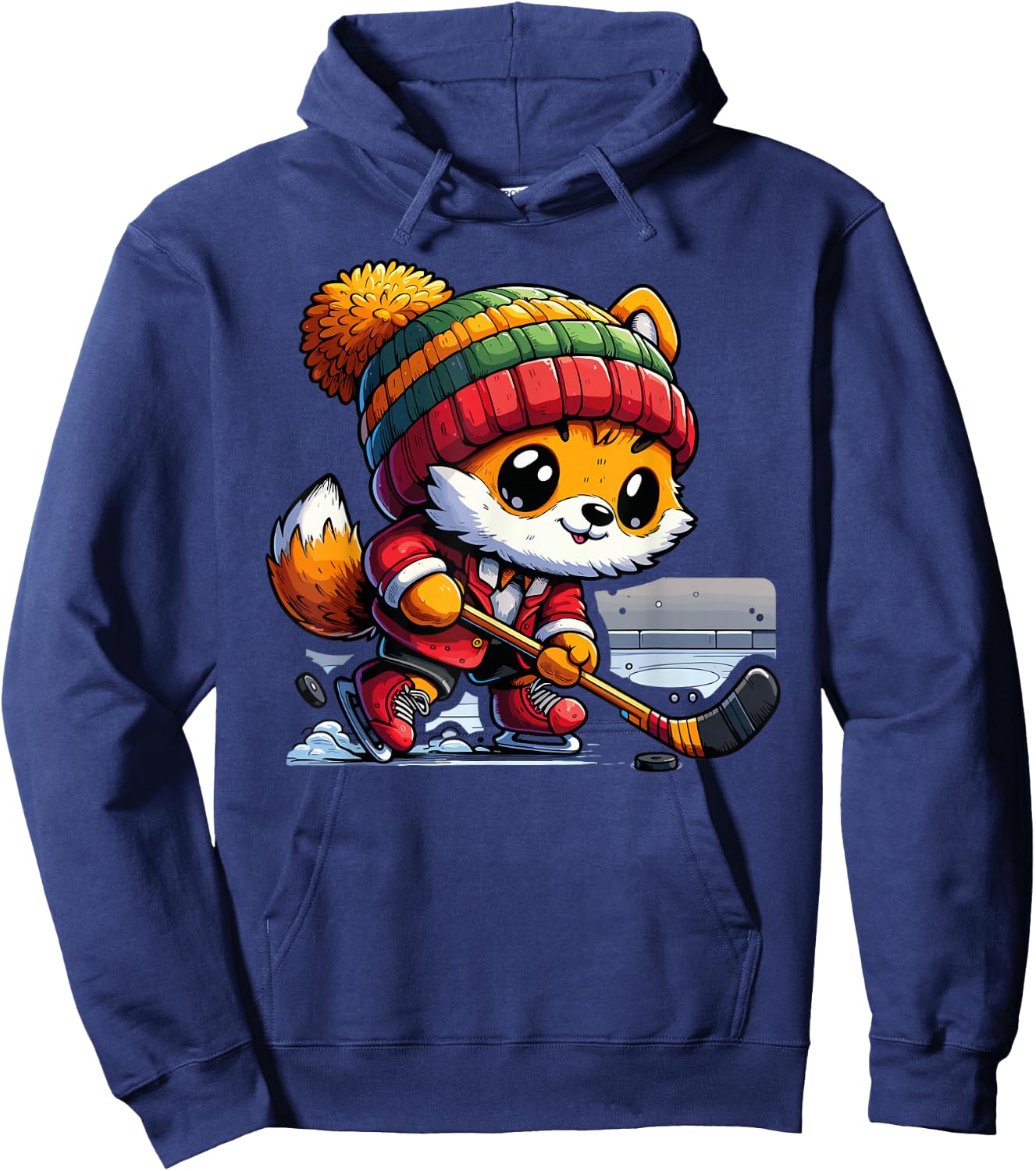 Cute Fox Playing Ice Hockey Skating Winter Sports Player Hoodie - Hoodie | Navy