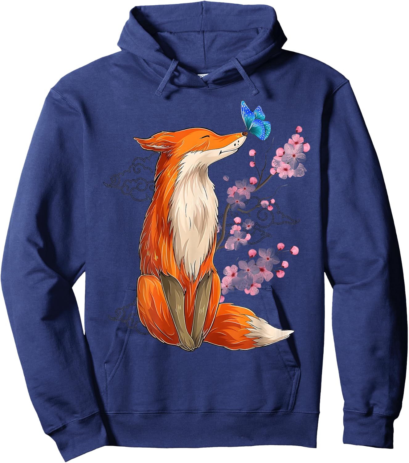 Vintage Japanese Cherry Blossom Fox Sakura Aesthetic Art Hoodie - Hoodie | Navy