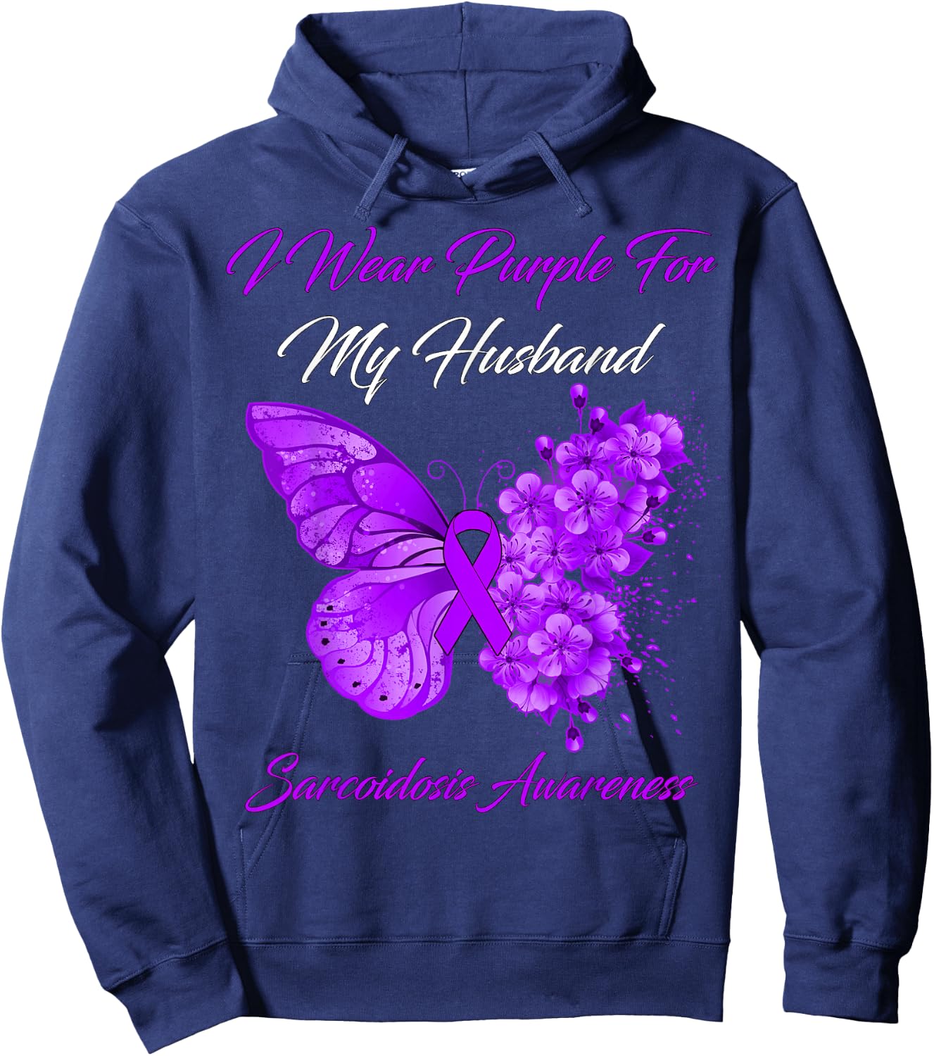 Butterfly I Wear Purple For My Husband Sarcoidosis Awareness Hoodie - Hoodie | Navy