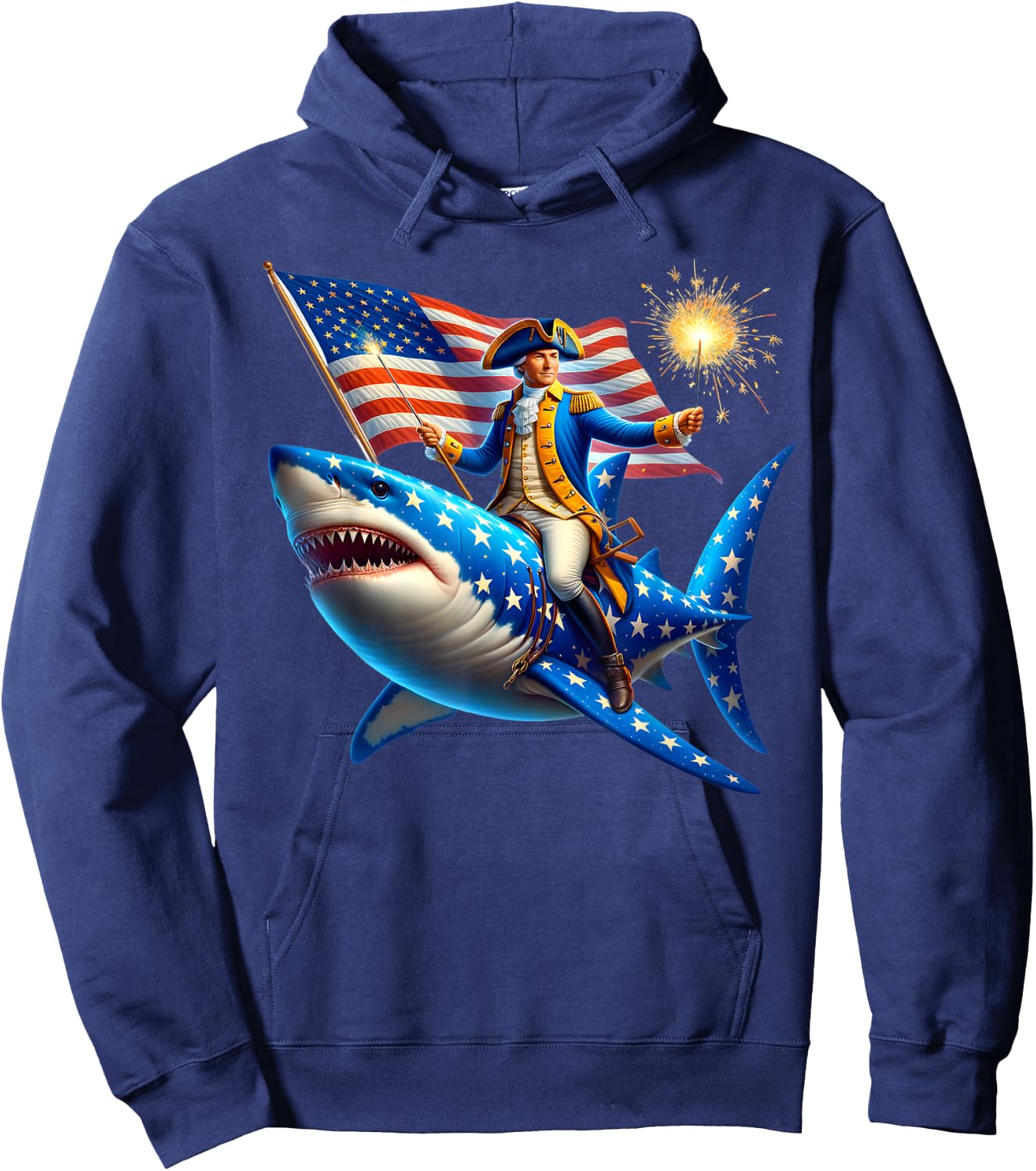 Washington Riding Shark Funny July 4th American Flag Patriot Men Hoodie - Hoodie | Navy