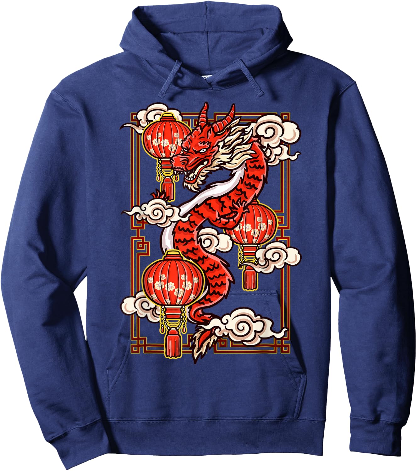 Red Chinese New Year of the Dragon 2024 Lanterns Clouds Hoodie - Hoodie | Navy