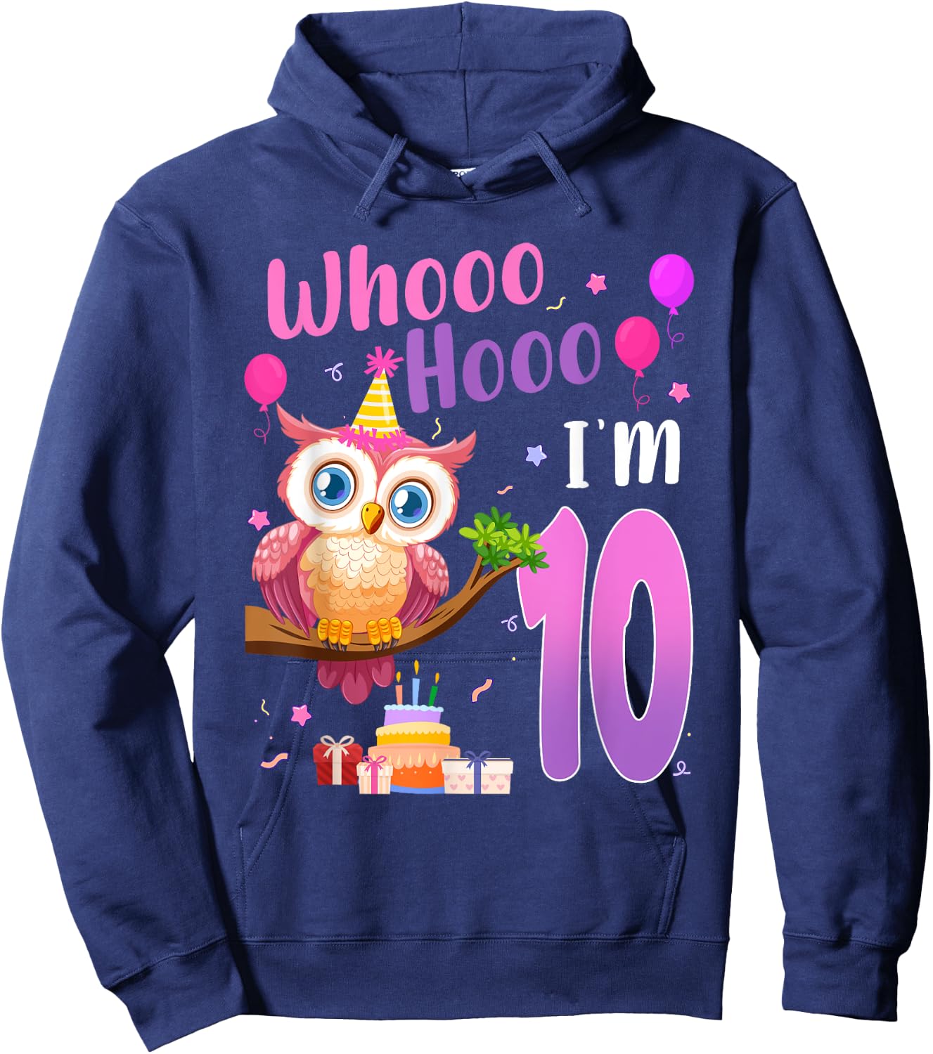 Whooo Hooo I’m 10 Year Old Cute Owl 10th Birthday Girl Hoodie - Hoodie | Navy