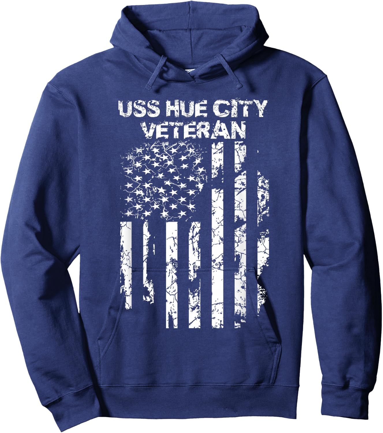 USS Hue City Military Veteran Distressed USA Flag Hoodie - Hoodie | Navy
