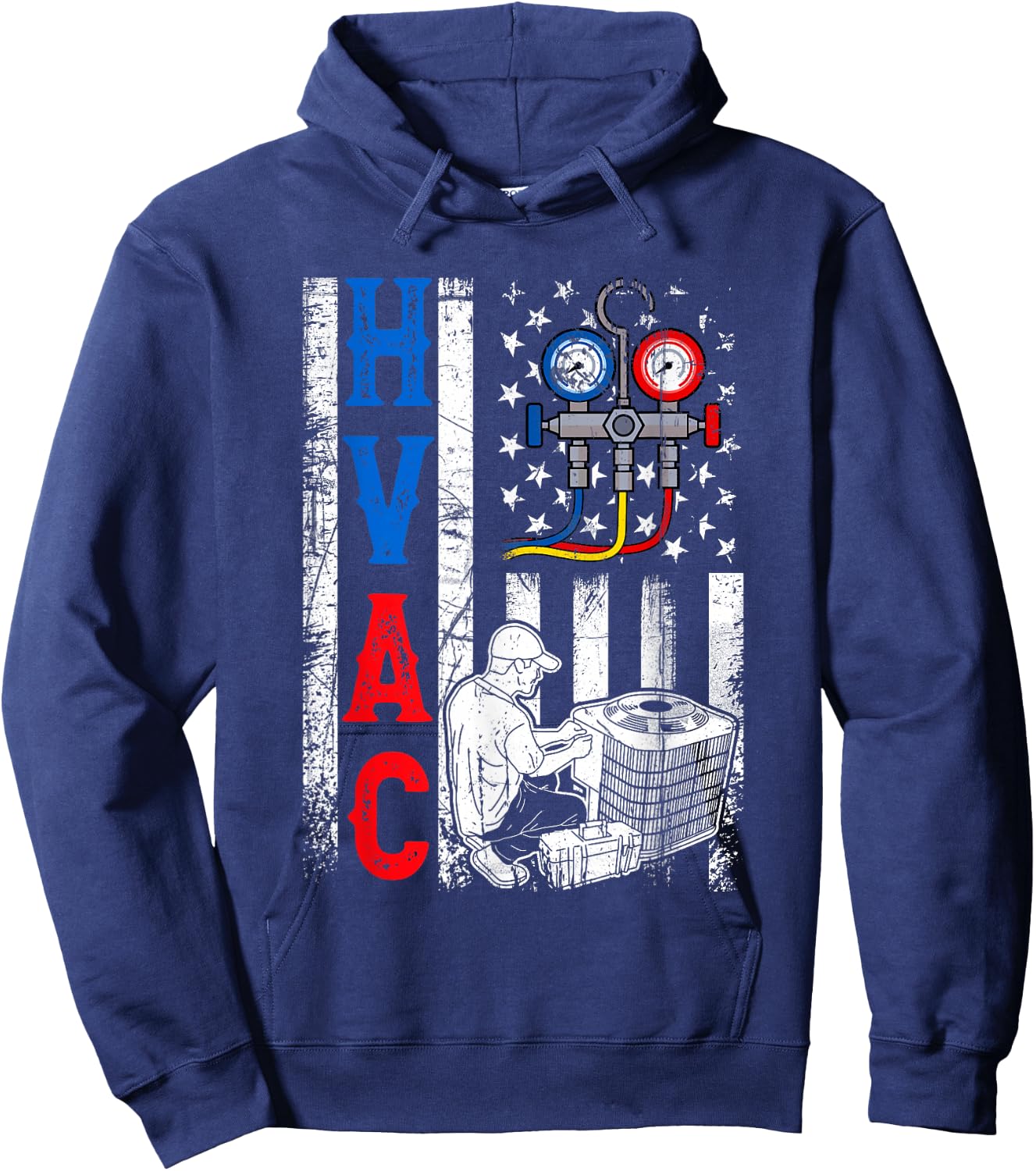 Distressed Proud USA HVAC Tech American Flag HVAC Technician Hoodie - Hoodie | Navy