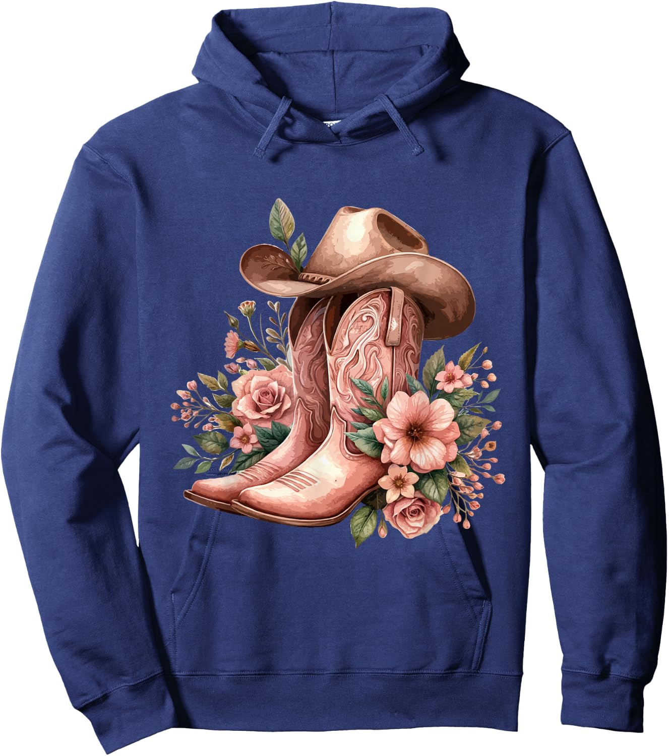 Boho Watercolor Cowgirl Boots Hat Floral Boots Western Boots Hoodie - Hoodie | Navy