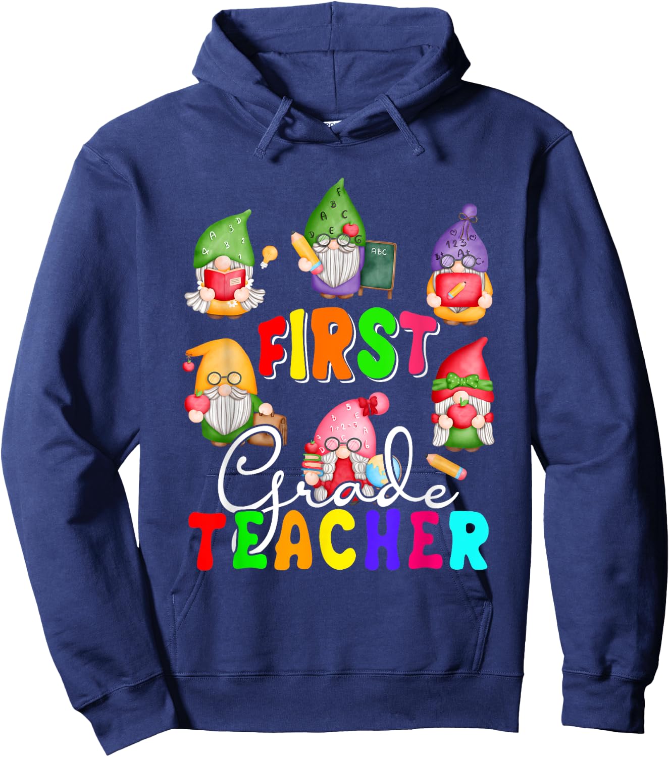 First Grade Teacher Cute Gnomes Holding Books Pencils Hoodie - Hoodie | Navy
