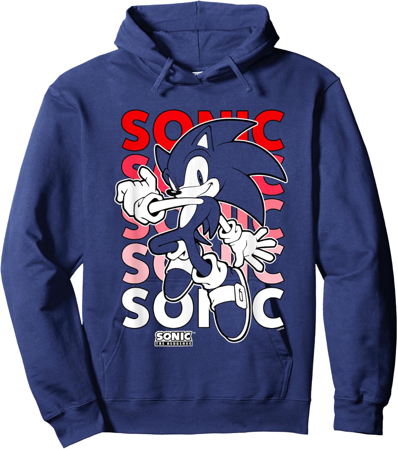Sonic The Hedgehog Stacked Repeating Name Retro Shot Hoodie - Hoodie | Navy