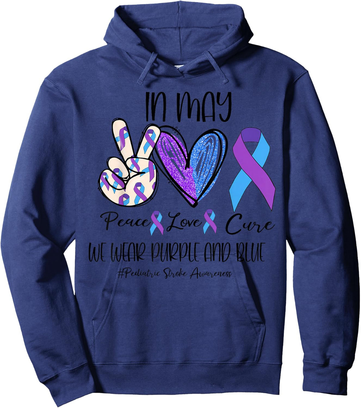 Peace Love Cure Purple and Blue Pediatric Stroke Awareness Hoodie - Hoodie | Navy