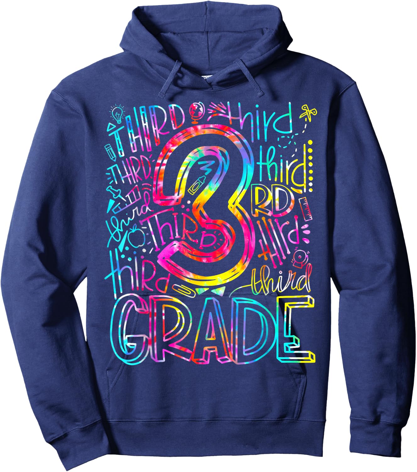 Tie Dye 3rd Grade Typography Team Third Grade Teacher Gift Hoodie - Hoodie | Navy