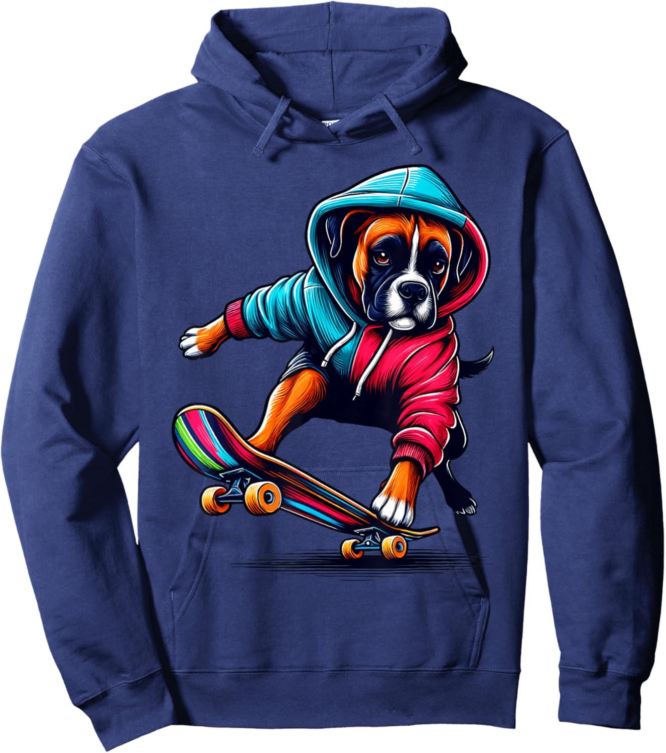 Cool Boxer Dog Skateboarding Illustration Art Men Women Girls Kids Hoodie - Hoodie | Navy