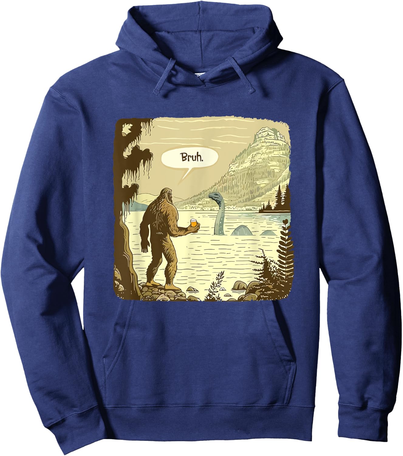 Funny Bigfoot and Nessie Bruh Moment Beer Hoodie - Hoodie | Navy