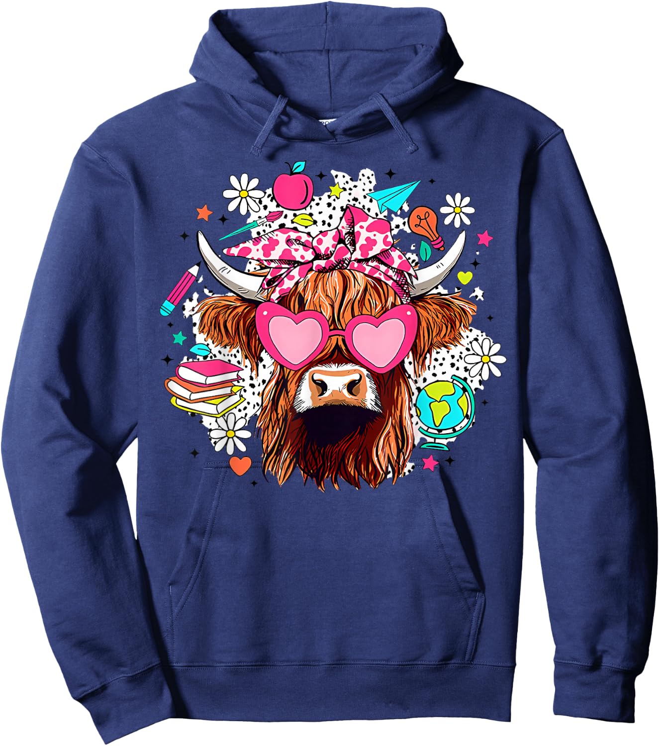 Retro Cute Highland Cow Teacher Bow Flower Heart Glasses Hoodie - Hoodie | Navy