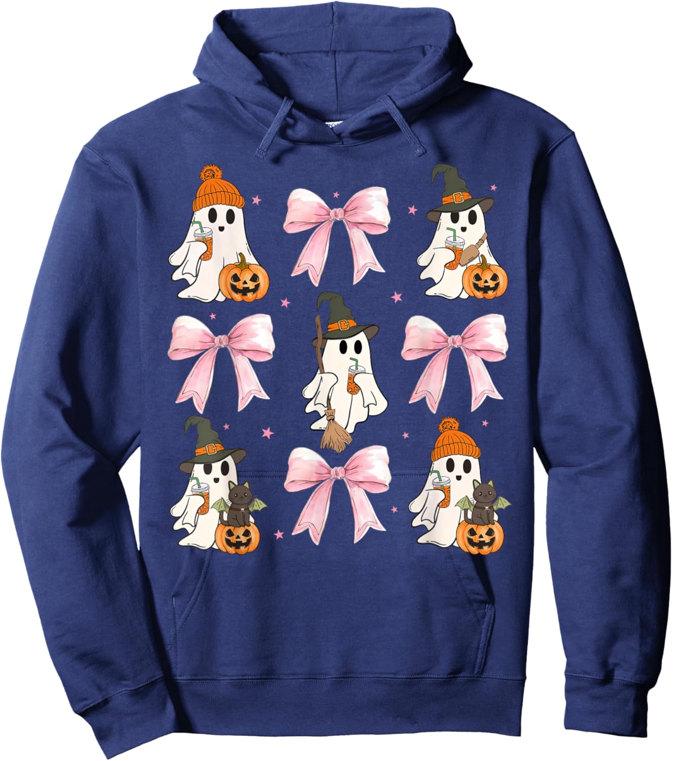 Pink Bow Cute Coquette Ghost Drinking Coffee Funny Halloween Hoodie - Hoodie | Navy