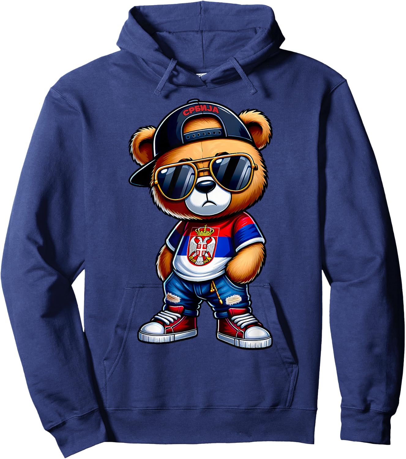 Cute Serbian Teddy Bear with Serbia Flag Yugoslavia Gift Hoodie - Hoodie | Navy