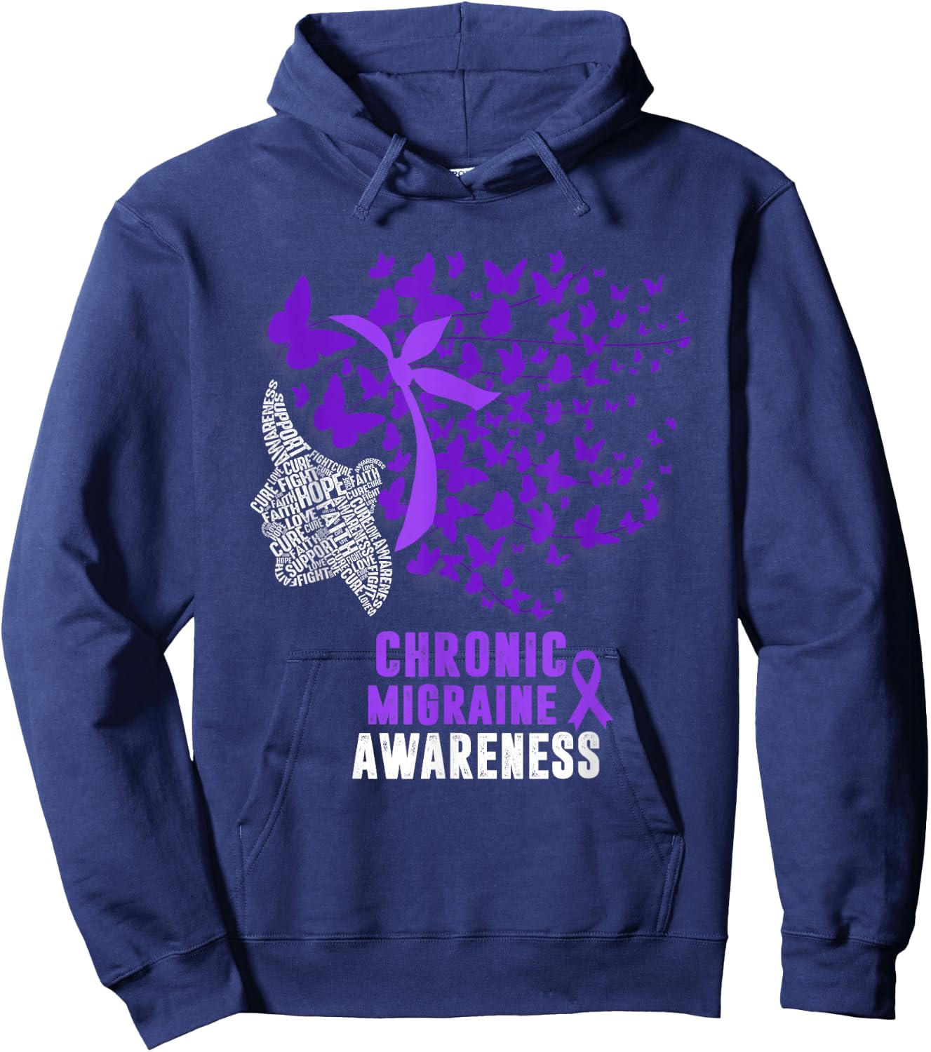 Chronic Migraine Awareness Month Butterfly Purple Ribbon Hoodie - Hoodie | Navy